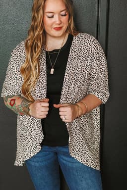 image-Khaki Plus Size Leopard Print Half Sleeve Open Front Cardigan