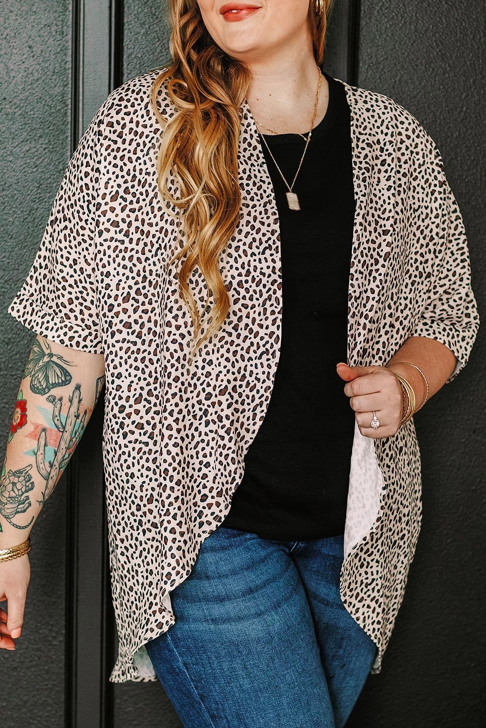 image-Khaki Plus Size Leopard Print Half Sleeve Open Front Cardigan