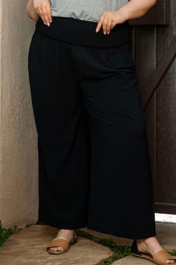 image-Black Shirred High Waist Plus Size Wide Leg Pants