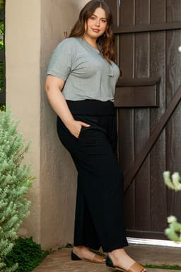 image-Black Shirred High Waist Plus Size Wide Leg Pants