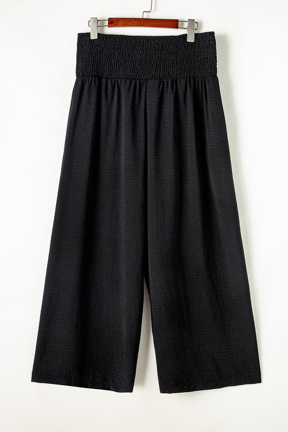 image-Black Shirred High Waist Plus Size Wide Leg Pants