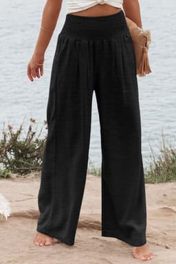 image-Black Shirred High Waist Plus Size Wide Leg Pants
