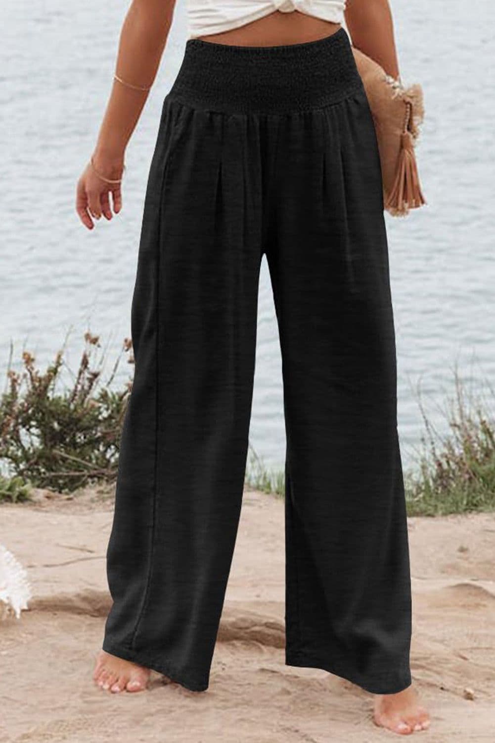 image-Black Shirred High Waist Plus Size Wide Leg Pants