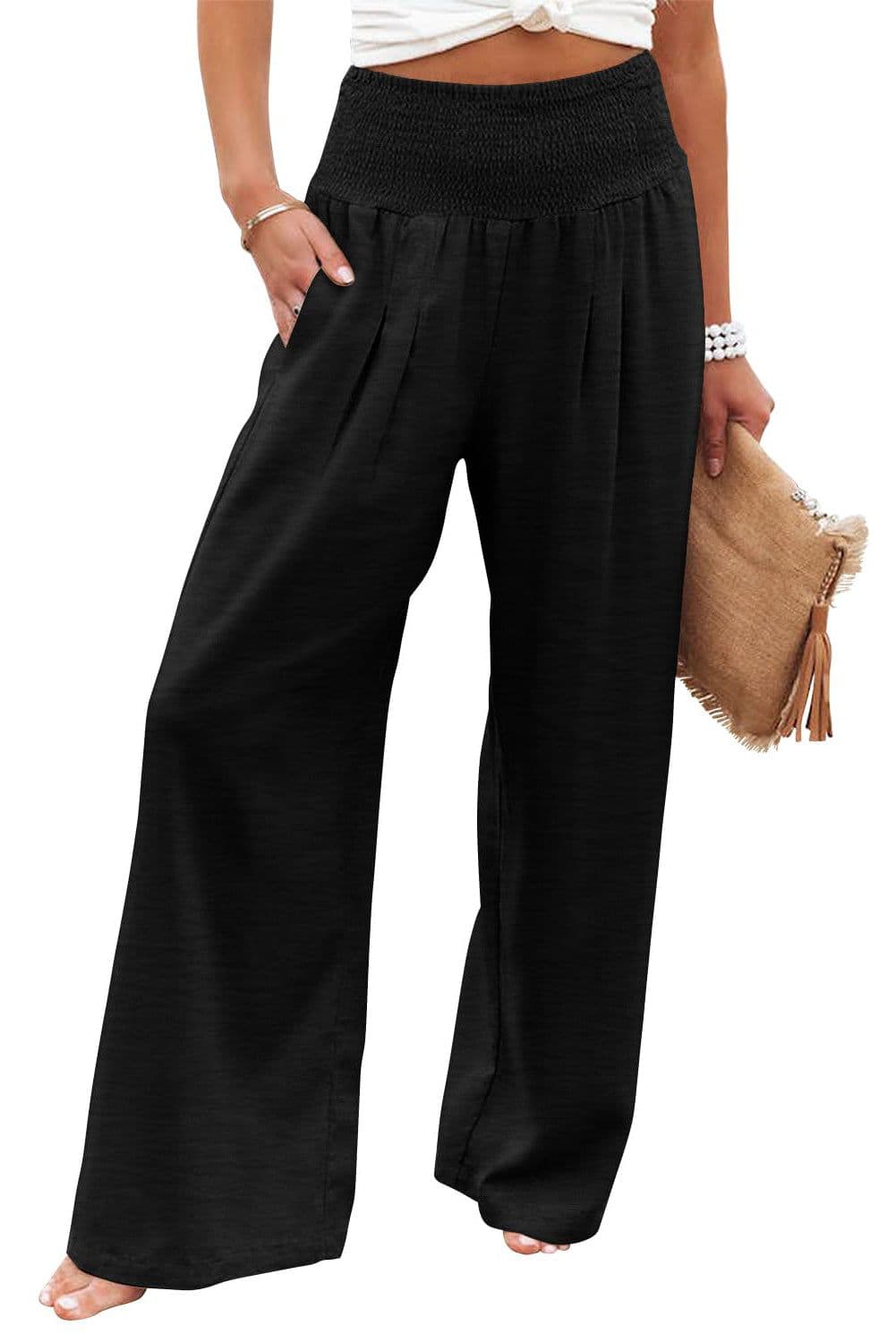 image-Black Shirred High Waist Plus Size Wide Leg Pants
