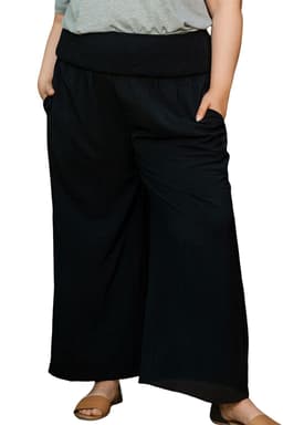 image-Black Shirred High Waist Plus Size Wide Leg Pants