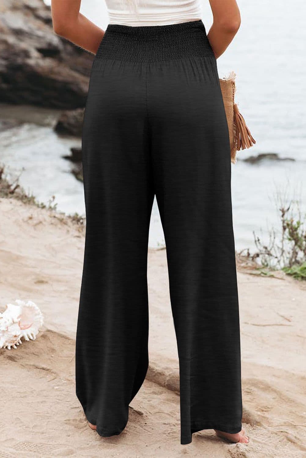 image-Black Shirred High Waist Plus Size Wide Leg Pants