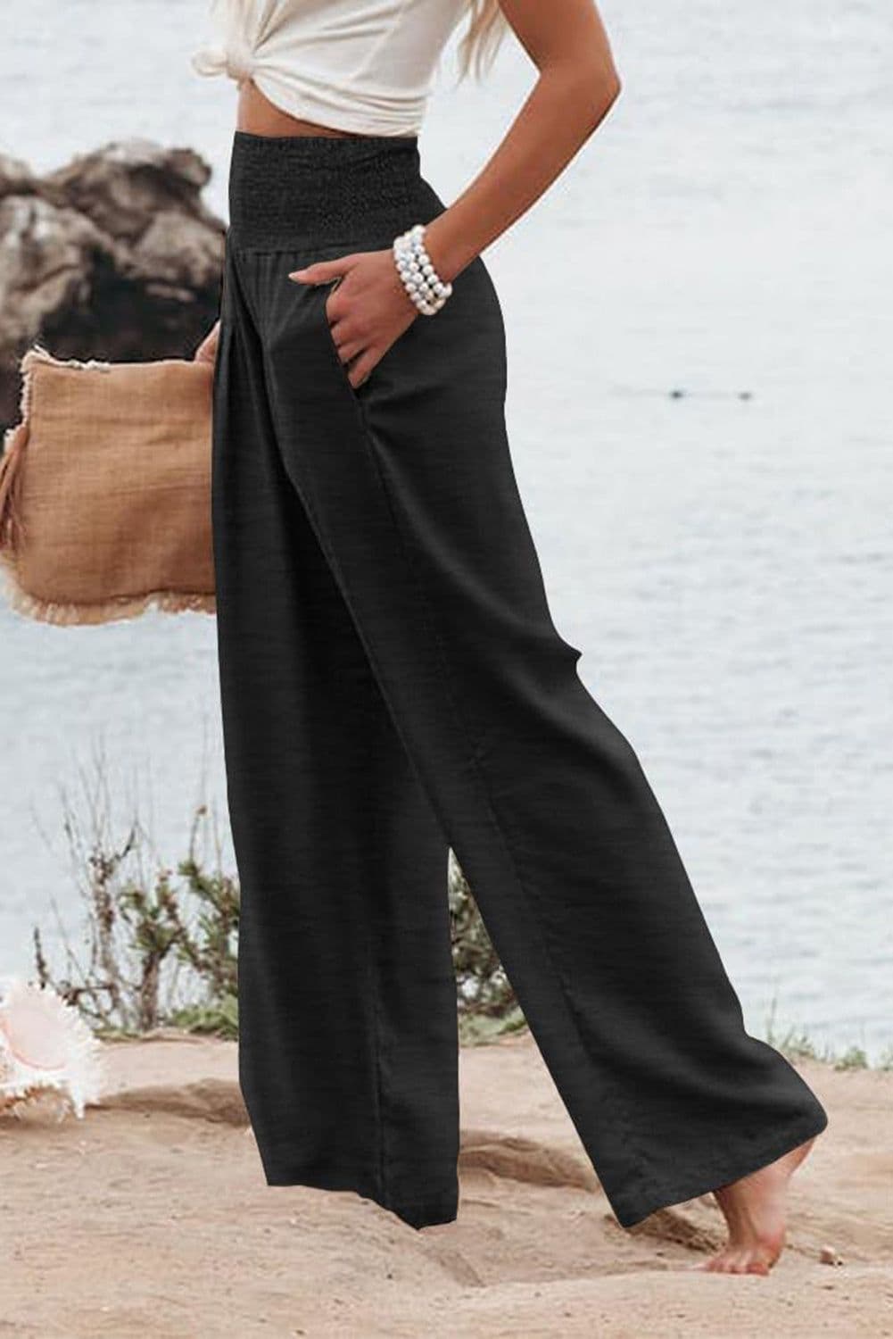image-Black Shirred High Waist Plus Size Wide Leg Pants