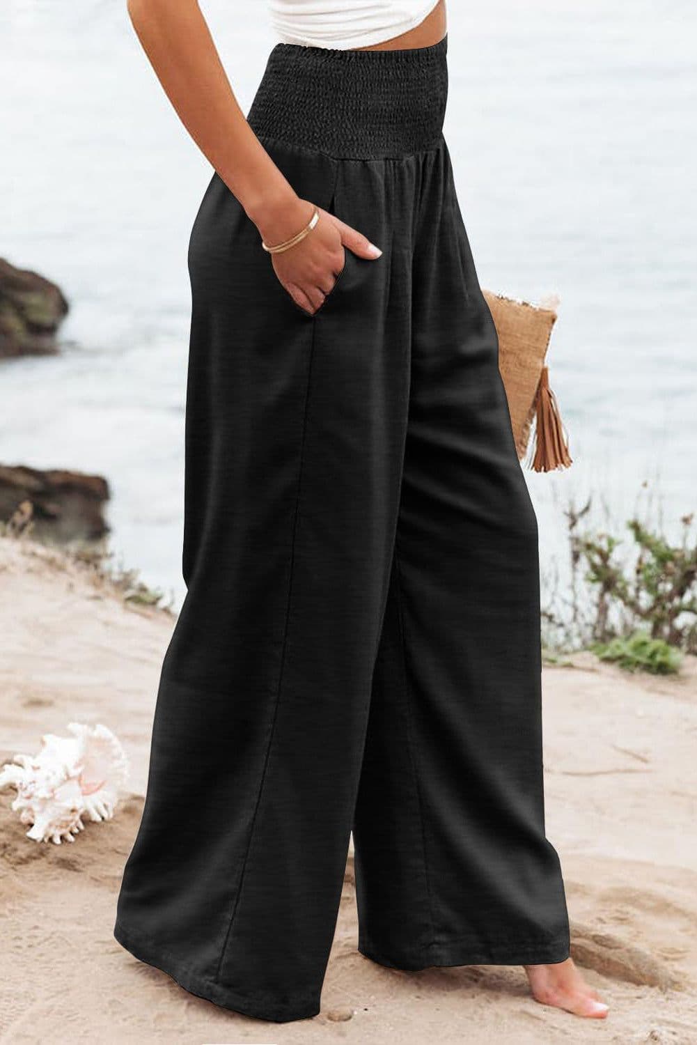 image-Black Shirred High Waist Plus Size Wide Leg Pants