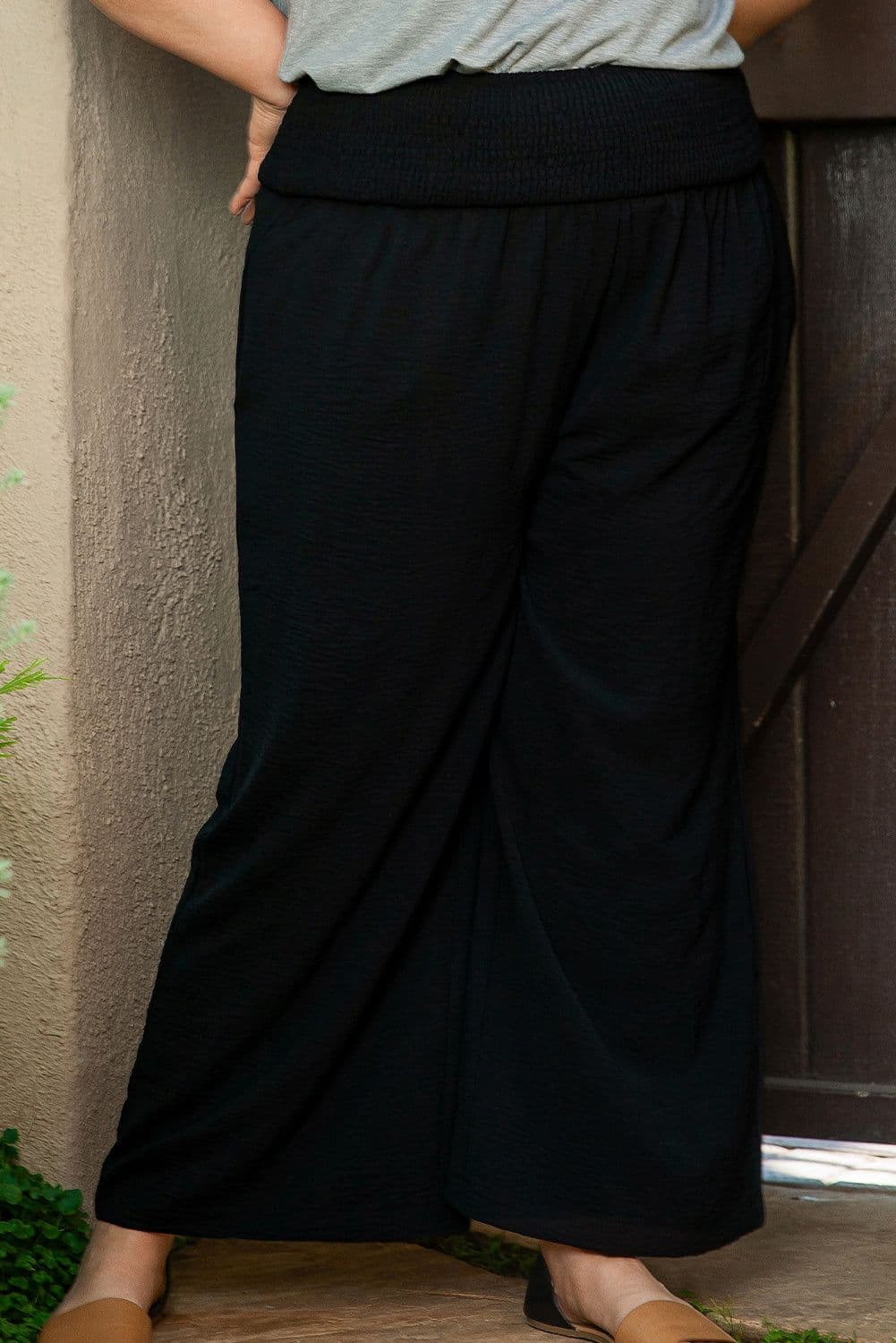 image-Black Shirred High Waist Plus Size Wide Leg Pants
