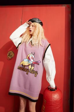 image-Monkey King Print Casual 2-IN-1 Dresses Women,Winter ELF Vintage