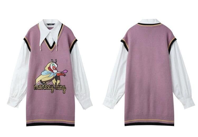 image-Monkey King Print Casual 2-IN-1 Dresses Women,Winter ELF Vintage