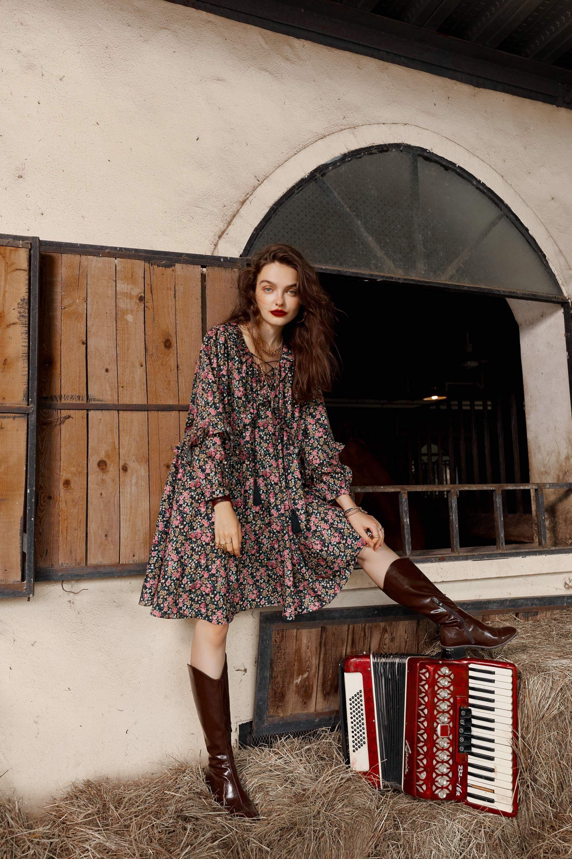 image-Floral Print High Waist Casual Vintage Chiffon Dresses Women,Autumn