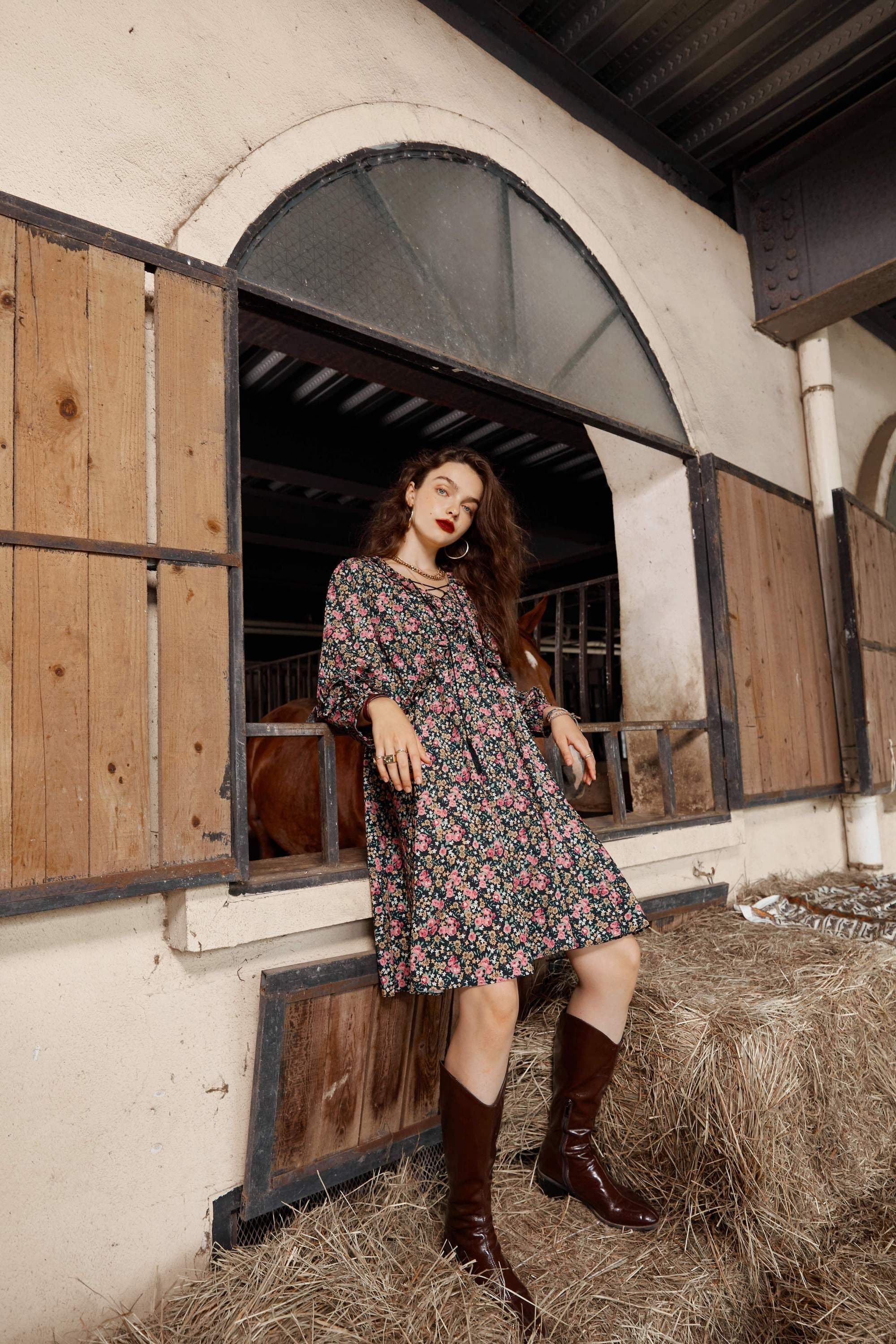 image-Floral Print High Waist Casual Vintage Chiffon Dresses Women,Autumn