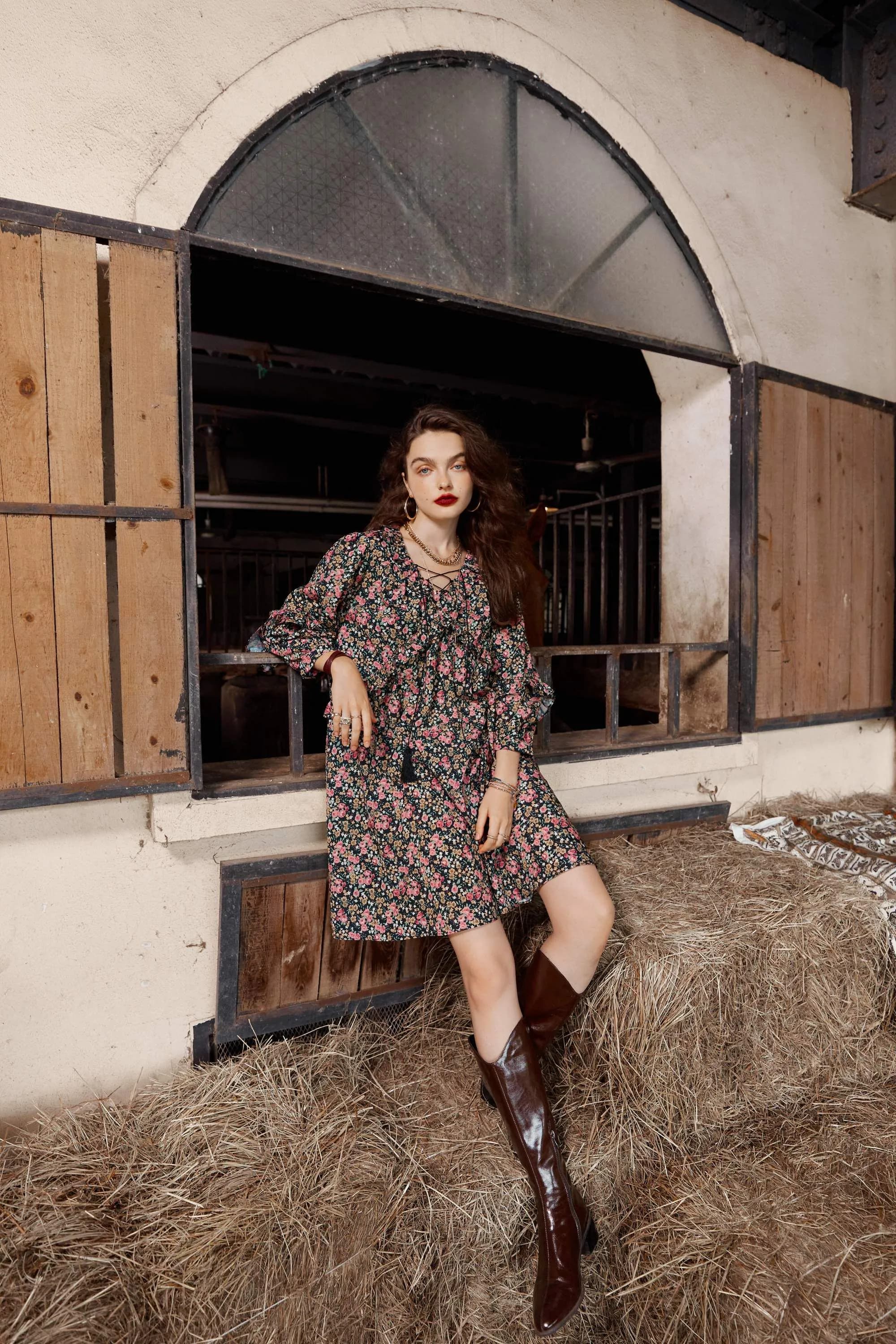 image-Floral Print High Waist Casual Vintage Chiffon Dresses Women,Autumn