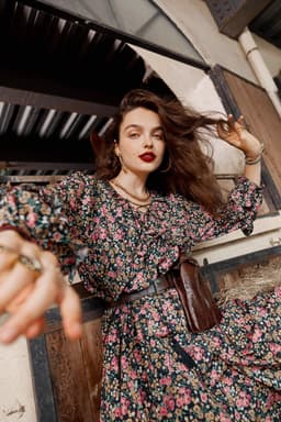 image-Floral Print High Waist Casual Vintage Chiffon Dresses Women,Autumn