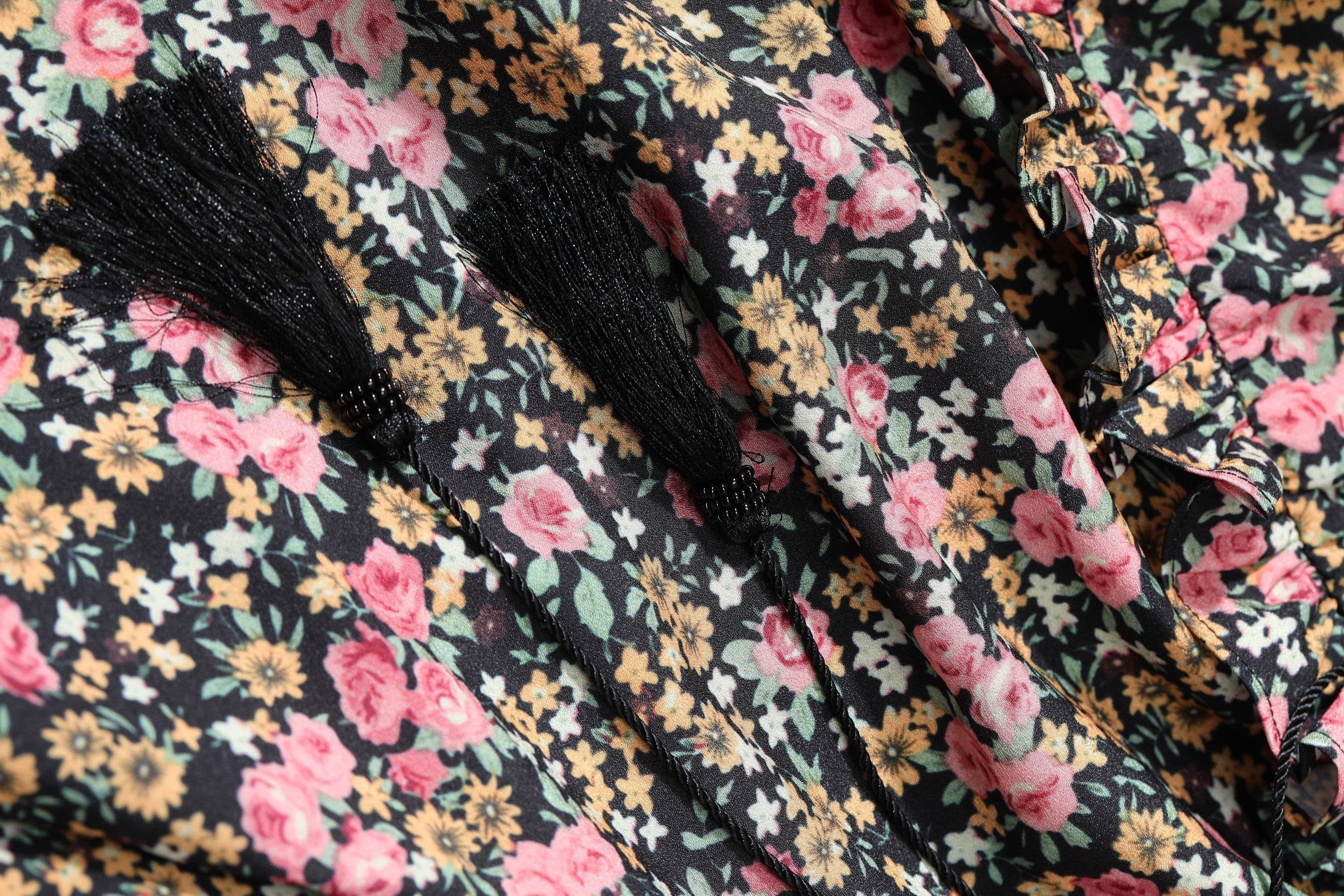 image-Floral Print High Waist Casual Vintage Chiffon Dresses Women,Autumn