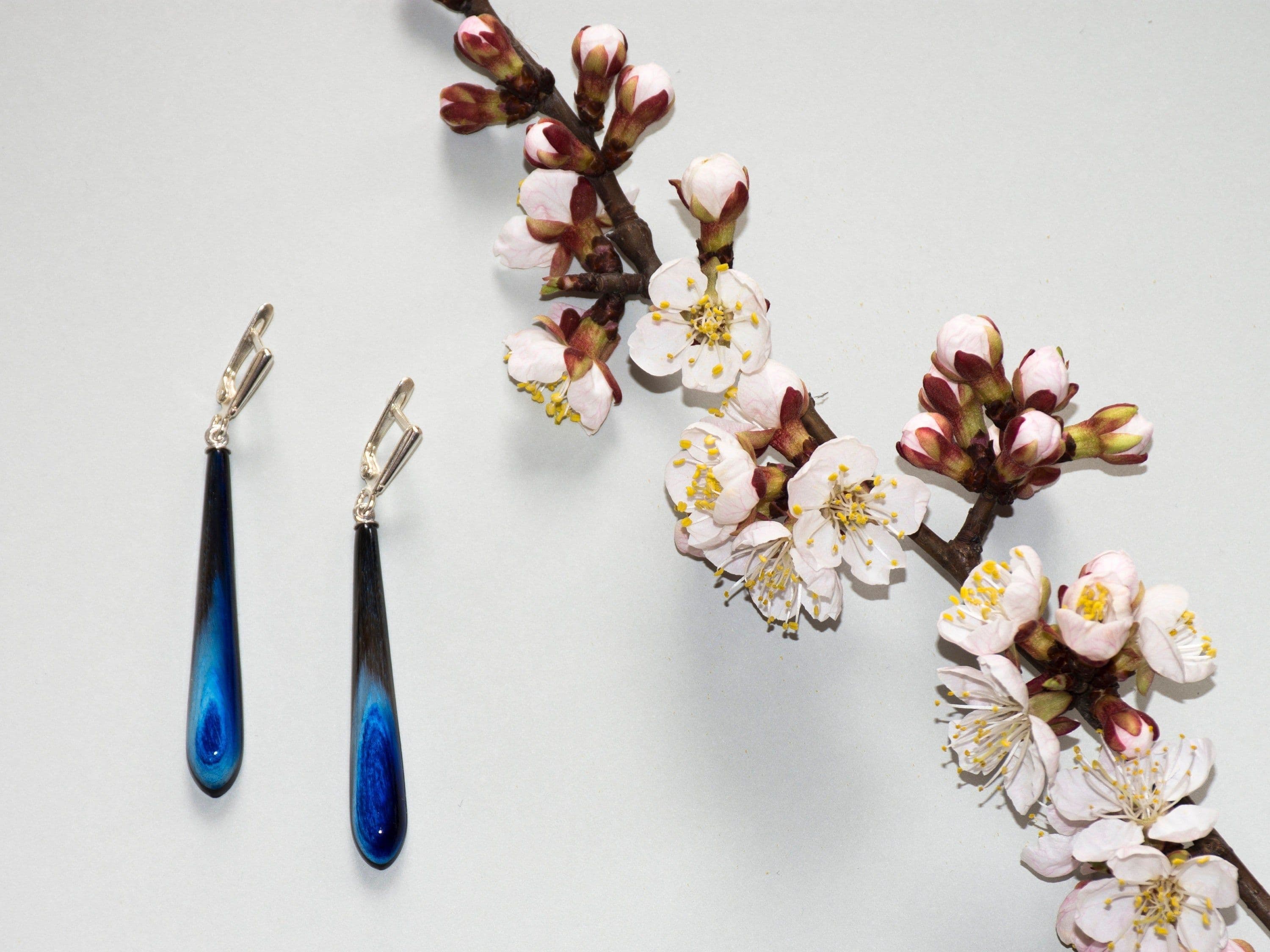 image-Long earrings dangle of Buffalo horn Blue earrings