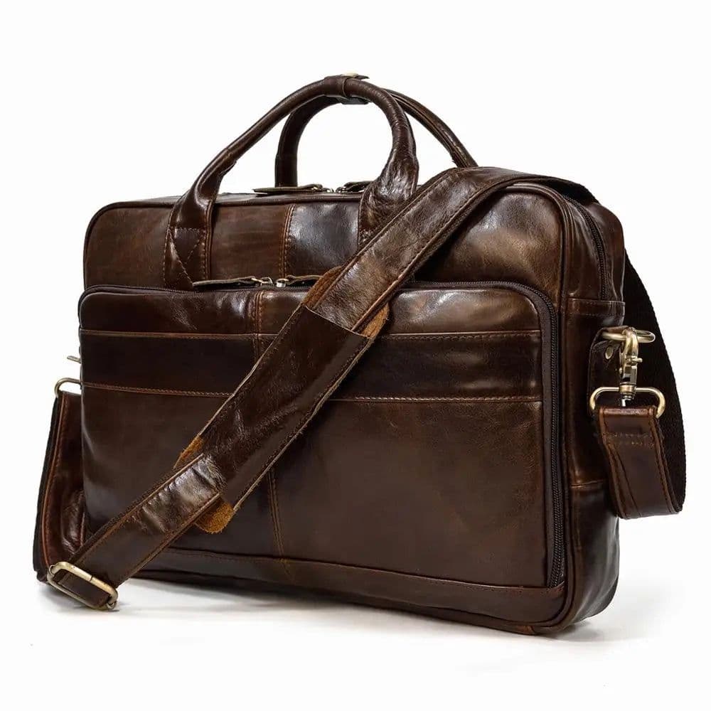image-Retro Laptop Briefcase Bag Genuine Leather Handbags Casual 15.6" Business Bag Daily Working Tote Bags Men Male bag for documents