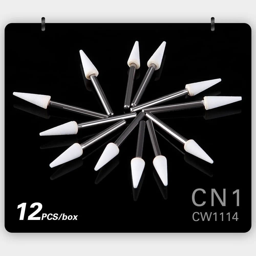 image-(12pcs/box)Dia1.6mm Azdent White Stone Polishing Burs for Finishing Porcelain Enamel & Composite Resin Flame/Cone/Round Shape