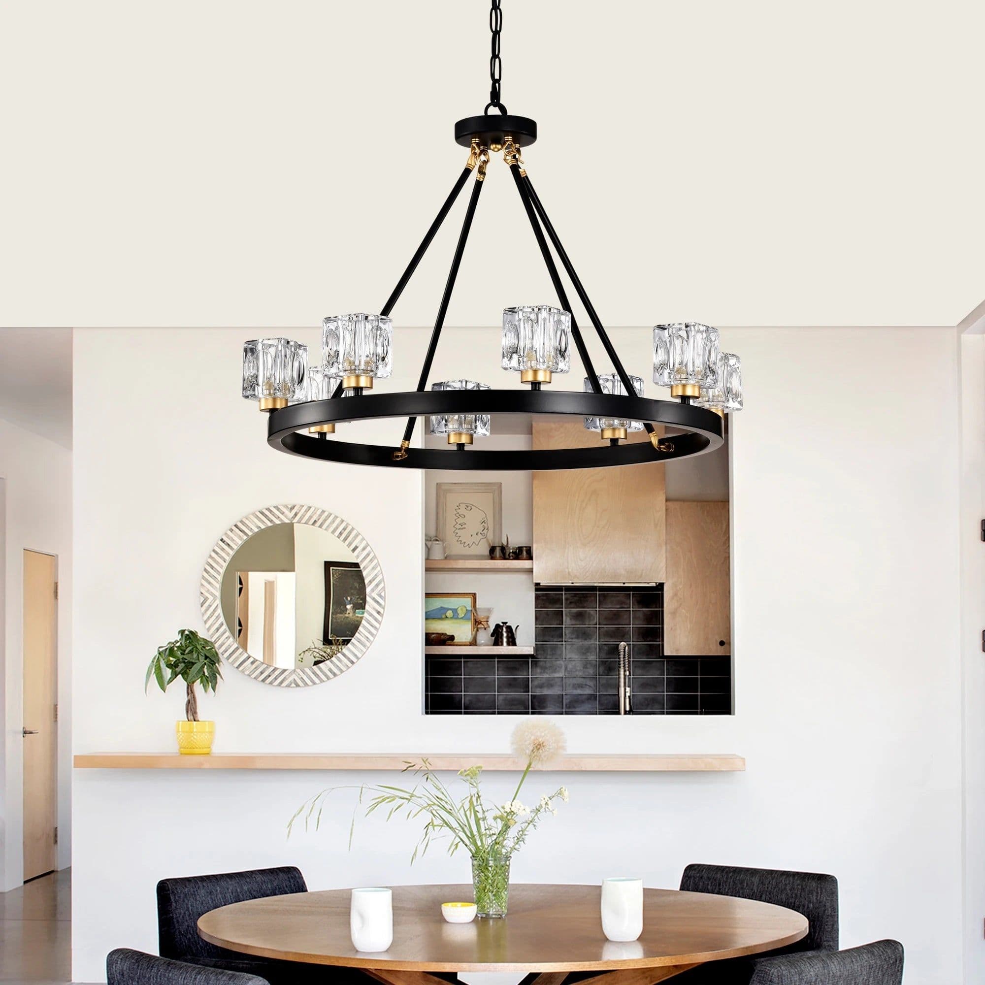 image-Matte Black + Gold Wagon Wheel Chandelier Farmhouse Modern Small Crystal Round Chandelier for Living Room Kitchen Island Foyer H