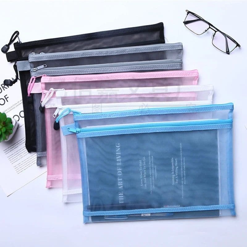 image-Transparent Waterproof Mesh Zipper Pouch Document Bag A4 Size File Folders for School Office Supplies Pencil Case Storage Bags