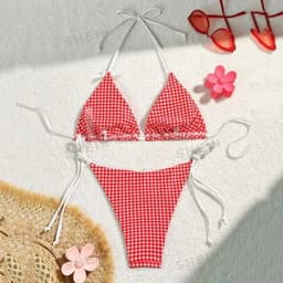 image-Red Plaid String Halter thong Micro Bikini for Women Mini Swimwear Lace-up Sexy Swimsuit Bathing Suit Triangle Bikinis Sets 2025