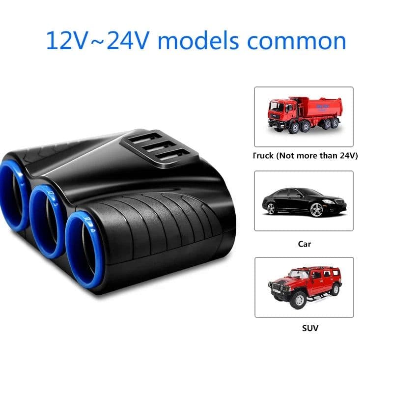 image-3 USB Port 3 Way 3.1A Blue Led Car Cigarette Lighter Socket Splitter Hub Power Adapter 12V-24V For iPad Smartphone DVR GPS