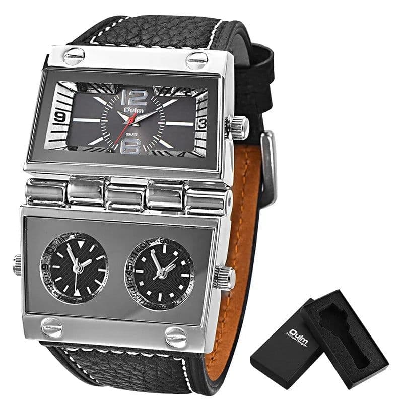 image-New Men Dual Display Sports Watches Oulm Men Watch Fold Big Size Fashion Outdoor Clock Leather Quartz Watch Relogio Masculino