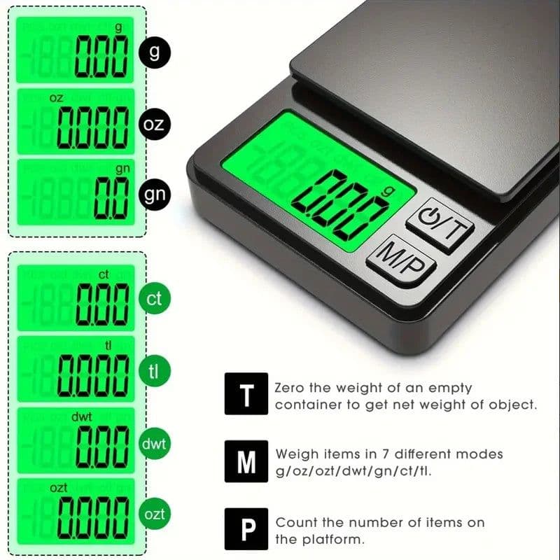 image-Precision Pocket Scale 1000g X 0.1g - Digital Gram, Food, Jewelry, Ounces/Grains Scale with Backlit LCD - Mini Scale for Travel