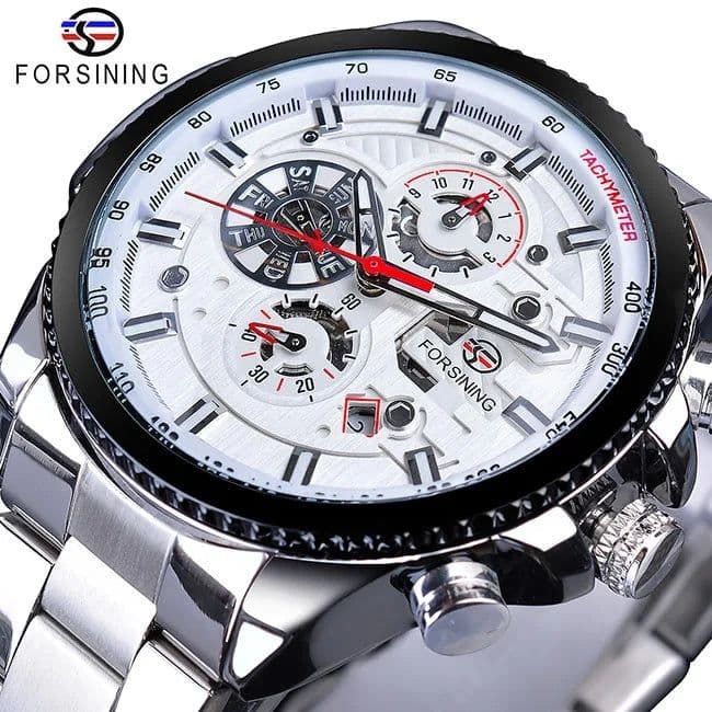 image-Forsining Three Dial Calendar Stainless Steel Men Mechanical Automatic Wrist Watches Top Brand Luxury Military Sport Male Clock