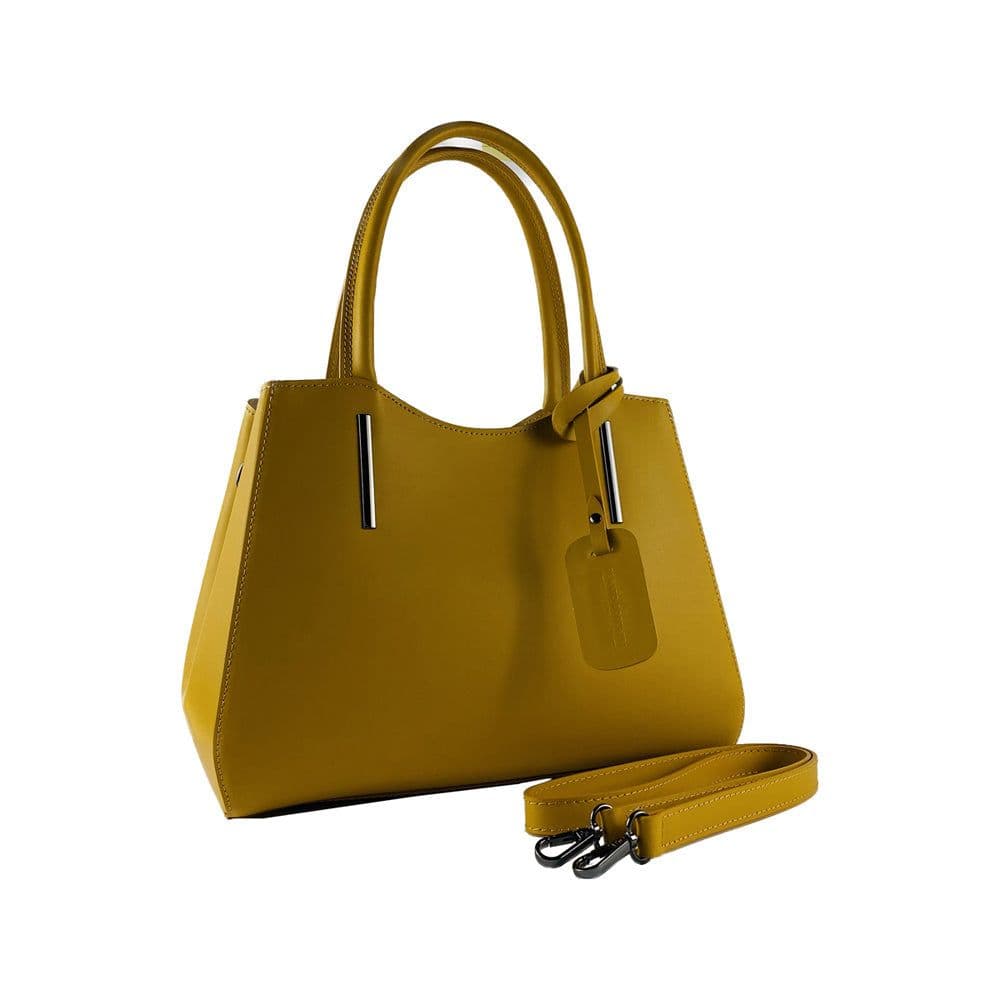 image-RB1004R | Borsa a Mano in Vera Pelle Made in Italy con Tracollina removibile e attacchi con moschettoni in metallo Canna di Fucile - Colore Senape - Dimensioni: cm 33 x 25 x 15 + Manici 13 cm