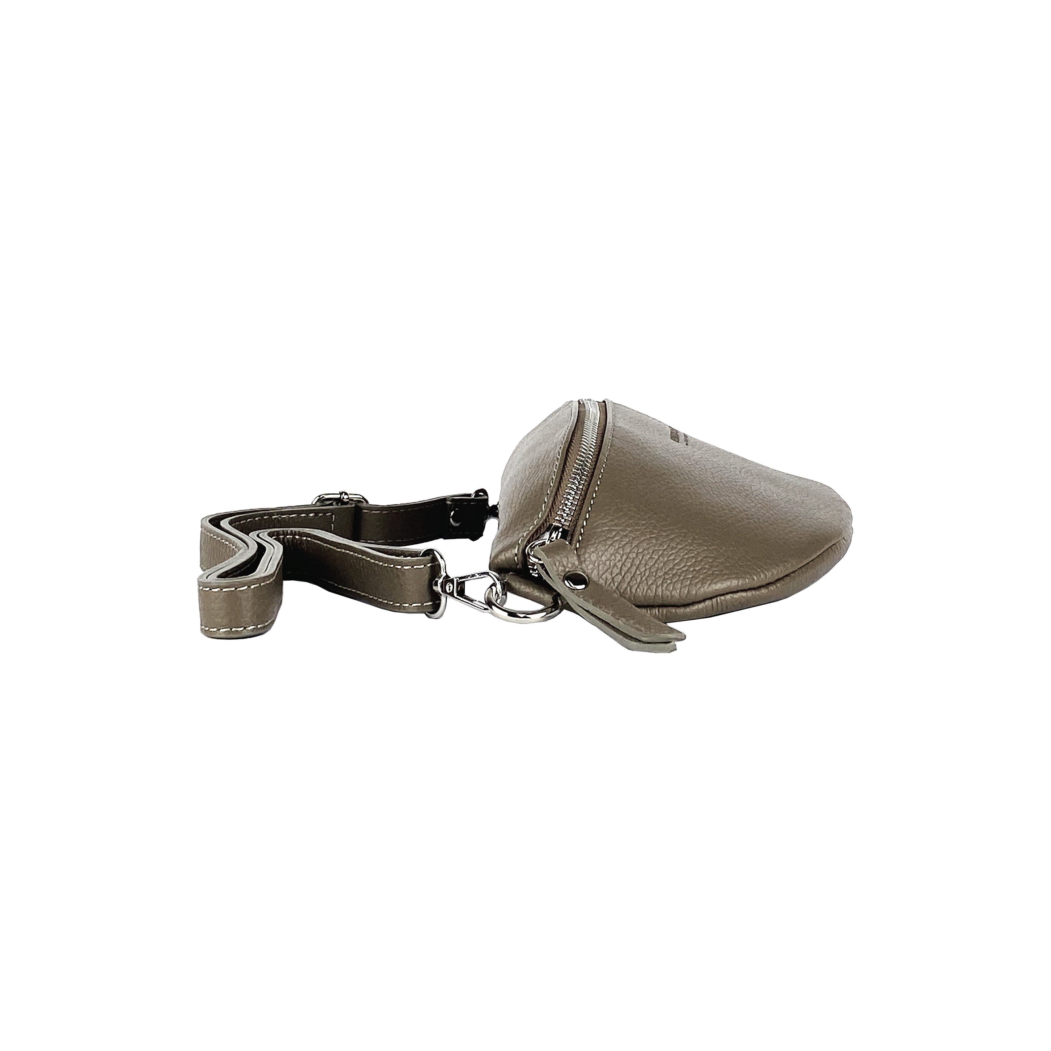 image-RB1015AQ | Waist bag with removable shoulder strap in Genuine Leather Made in Italy. Attachments with shiny nickel metal snap hooks - Taupe color - Dimensions: 24 x 14 x 7