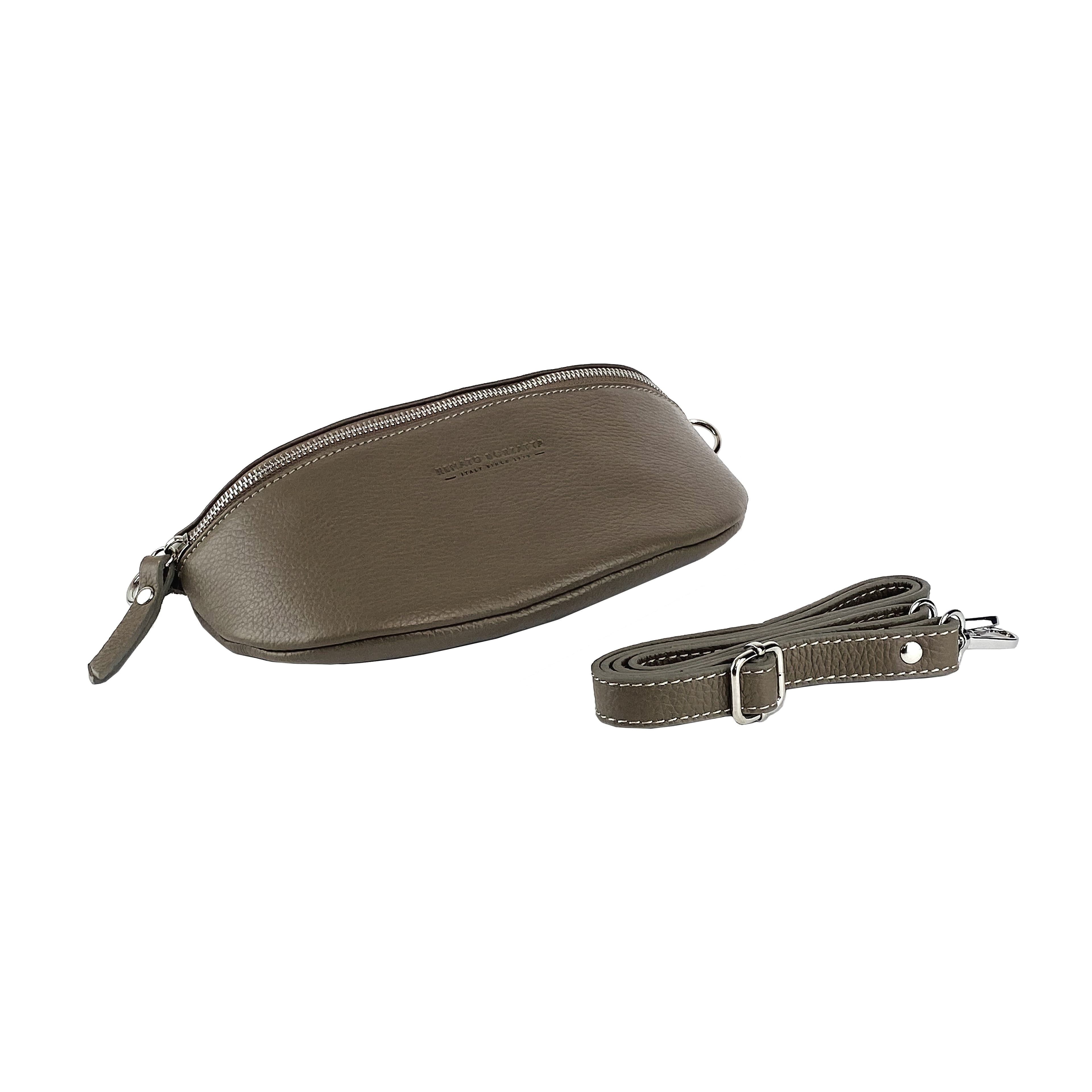 image-RB1015AQ | Marsupio con tracolla removibile in Vera Pelle Made in Italy. Attacchi con moschettoni in metallo Nickel Lucido - Colore Taupe - Dimensioni: 24 x 14 x 7
