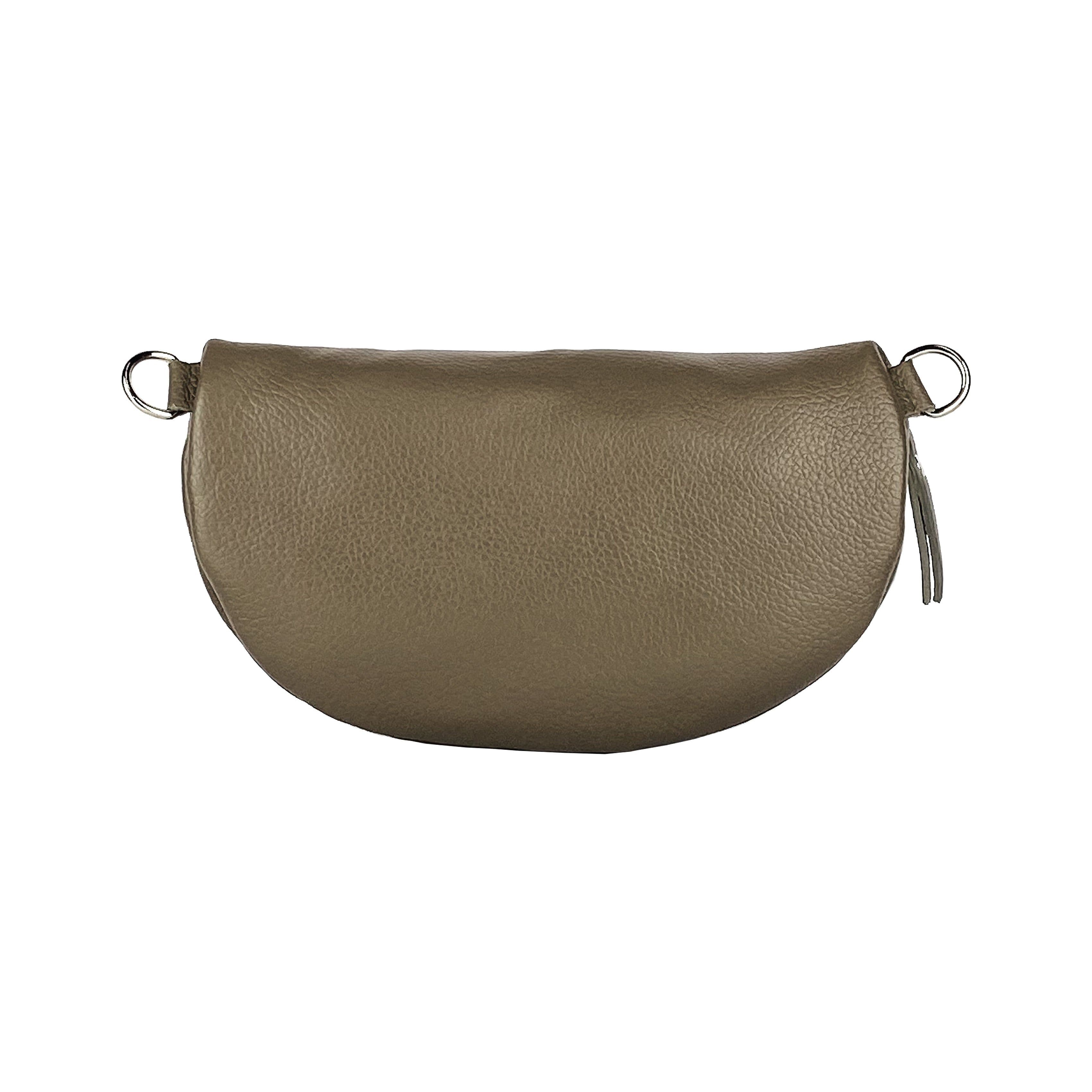 image-RB1015AQ | Marsupio con tracolla removibile in Vera Pelle Made in Italy. Attacchi con moschettoni in metallo Nickel Lucido - Colore Taupe - Dimensioni: 24 x 14 x 7