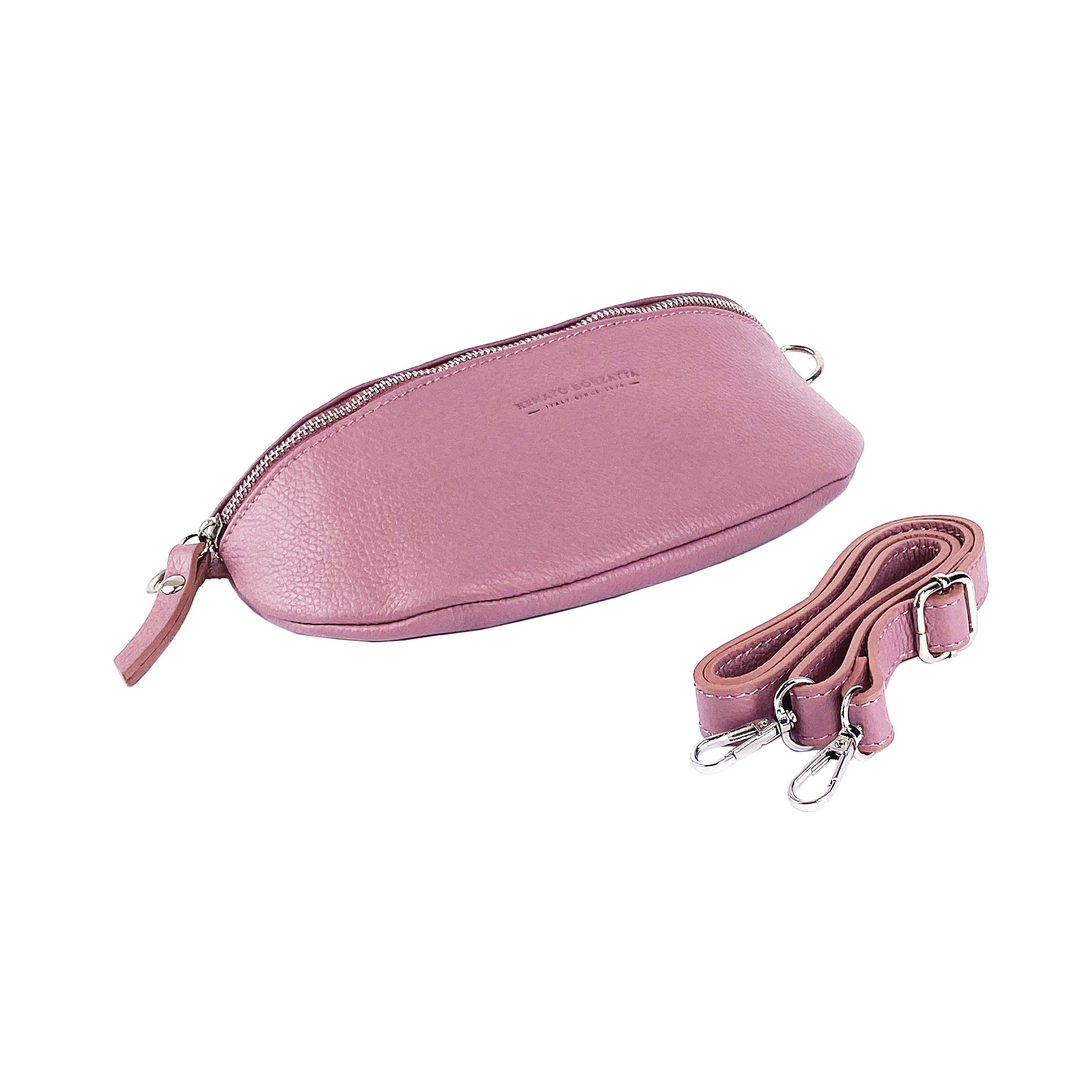 image-RB1015AZ | Waist bag with removable shoulder strap in Genuine Leather Made in Italy. Attachments with shiny nickel metal snap hooks - Antique pink color - Dimensions: 24 x 14 x 7