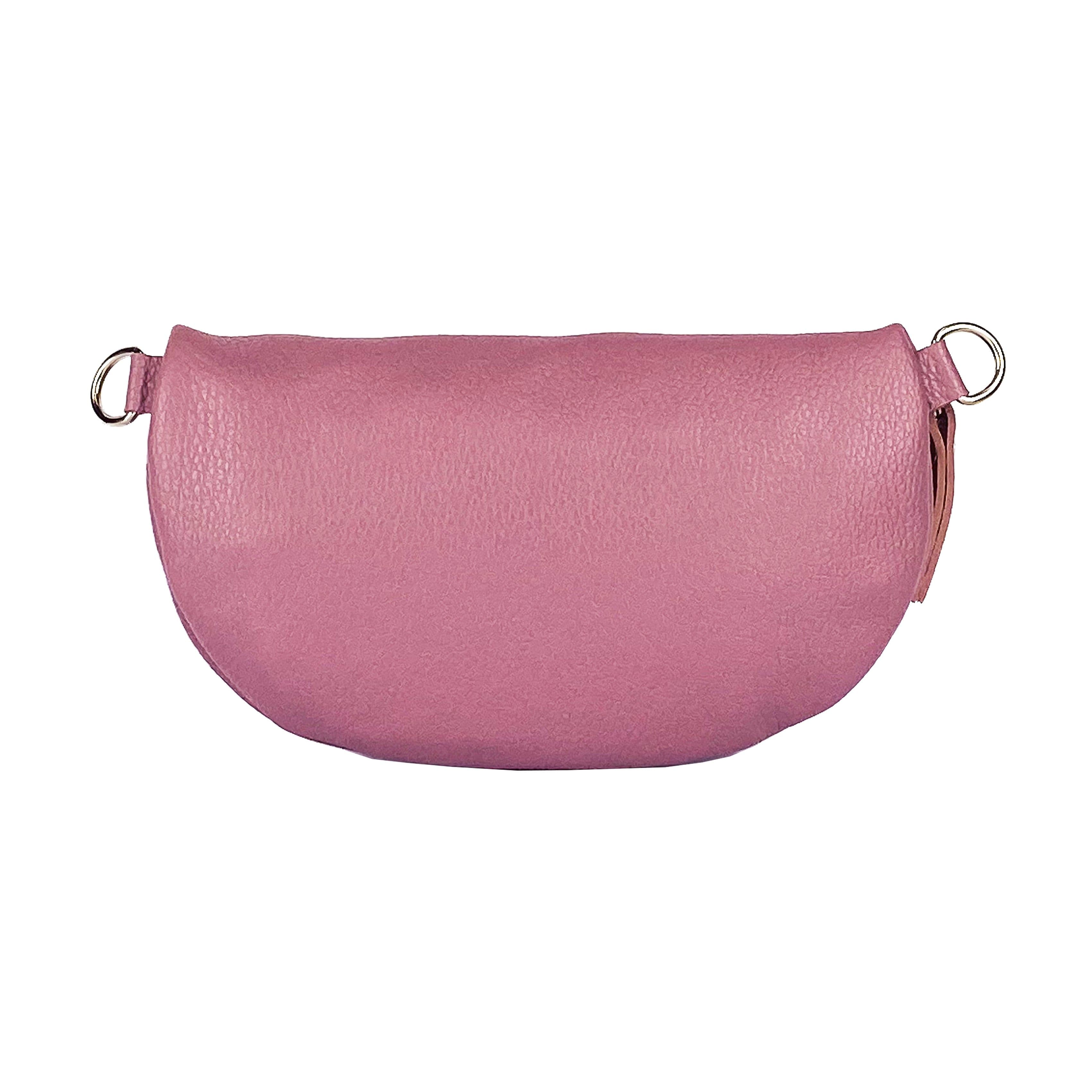 image-RB1015AZ | Waist bag with removable shoulder strap in Genuine Leather Made in Italy. Attachments with shiny nickel metal snap hooks - Antique pink color - Dimensions: 24 x 14 x 7