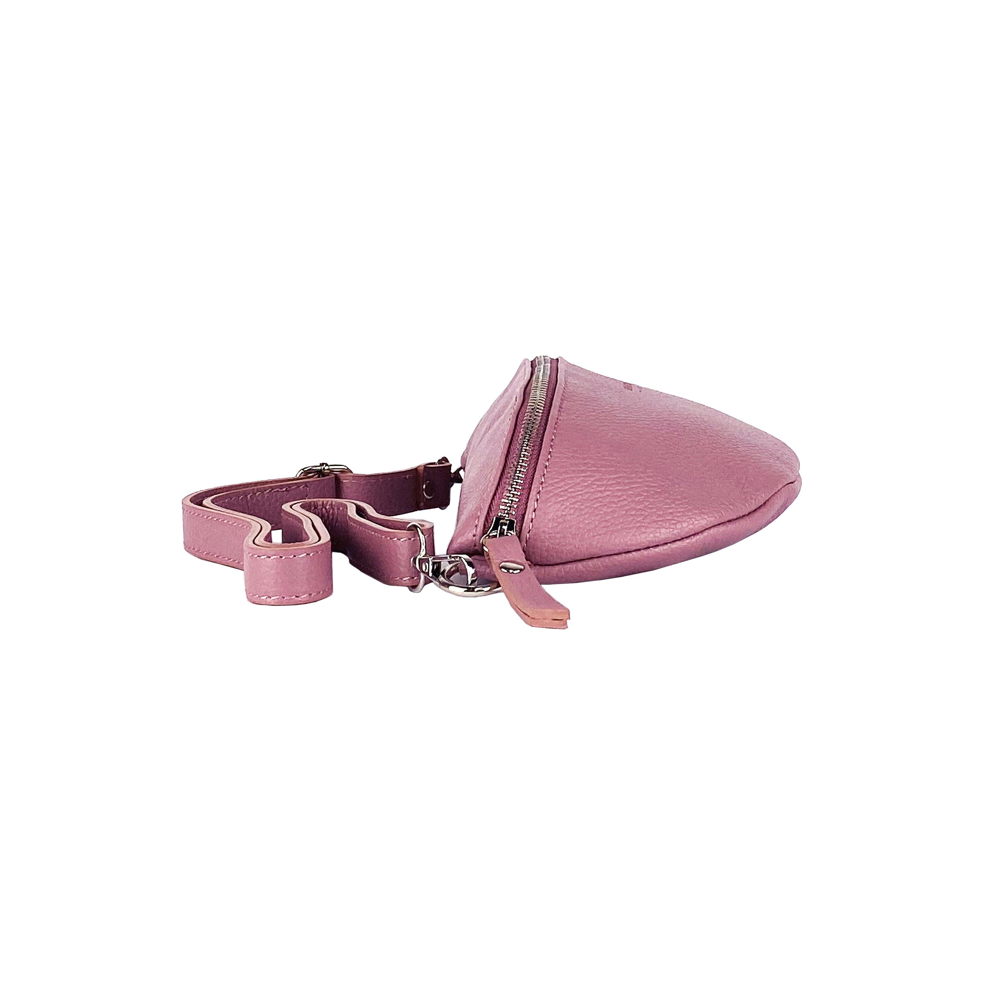 image-RB1015AZ | Waist bag with removable shoulder strap in Genuine Leather Made in Italy. Attachments with shiny nickel metal snap hooks - Antique pink color - Dimensions: 24 x 14 x 7