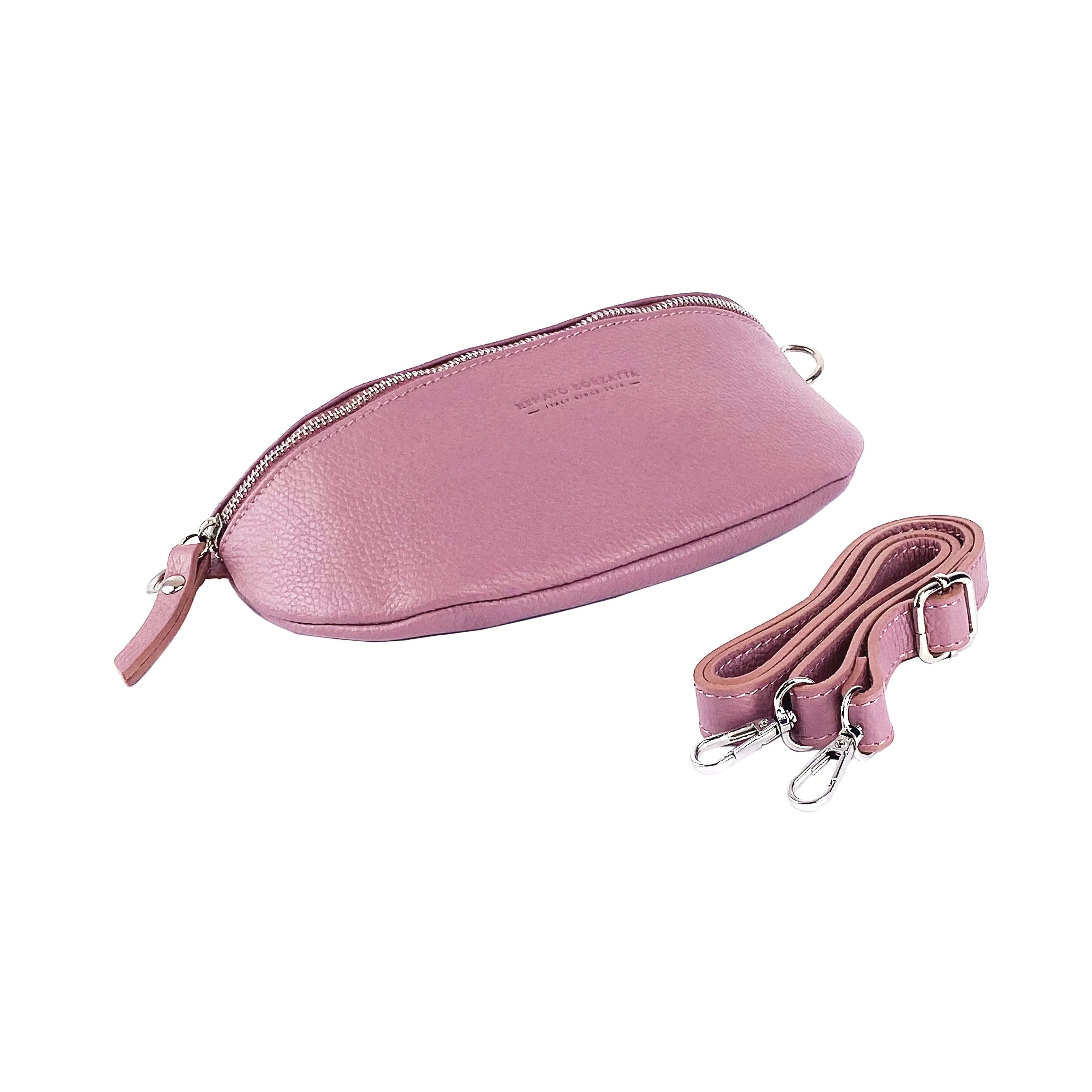 image-RB1015AZ | Marsupio con tracolla removibile in Vera Pelle Made in Italy. Attacchi con moschettoni in metallo Nickel Lucido - Colore Rosa Antico - Dimensioni: 24 x 14 x 7