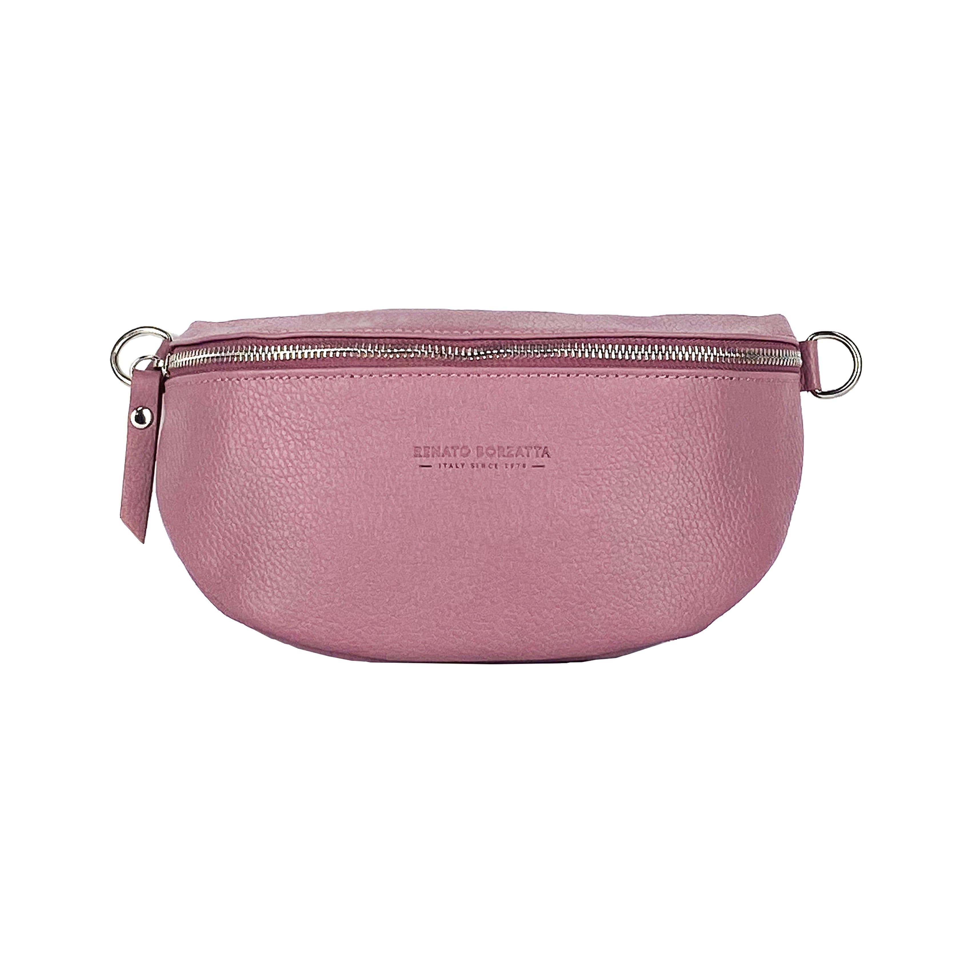 image-RB1015AZ | Marsupio con tracolla removibile in Vera Pelle Made in Italy. Attacchi con moschettoni in metallo Nickel Lucido - Colore Rosa Antico - Dimensioni: 24 x 14 x 7