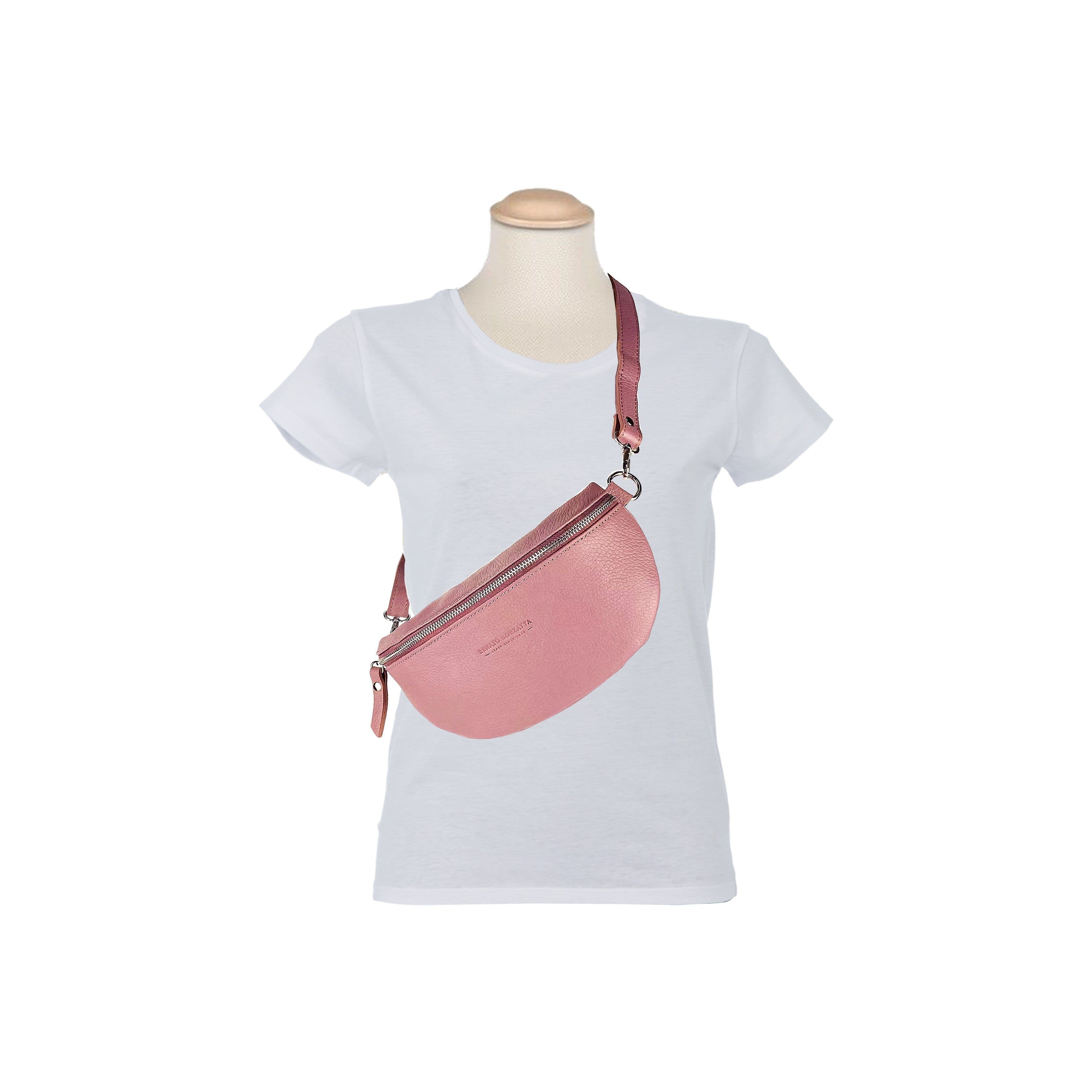 image-RB1015AZ | Marsupio con tracolla removibile in Vera Pelle Made in Italy. Attacchi con moschettoni in metallo Nickel Lucido - Colore Rosa Antico - Dimensioni: 24 x 14 x 7