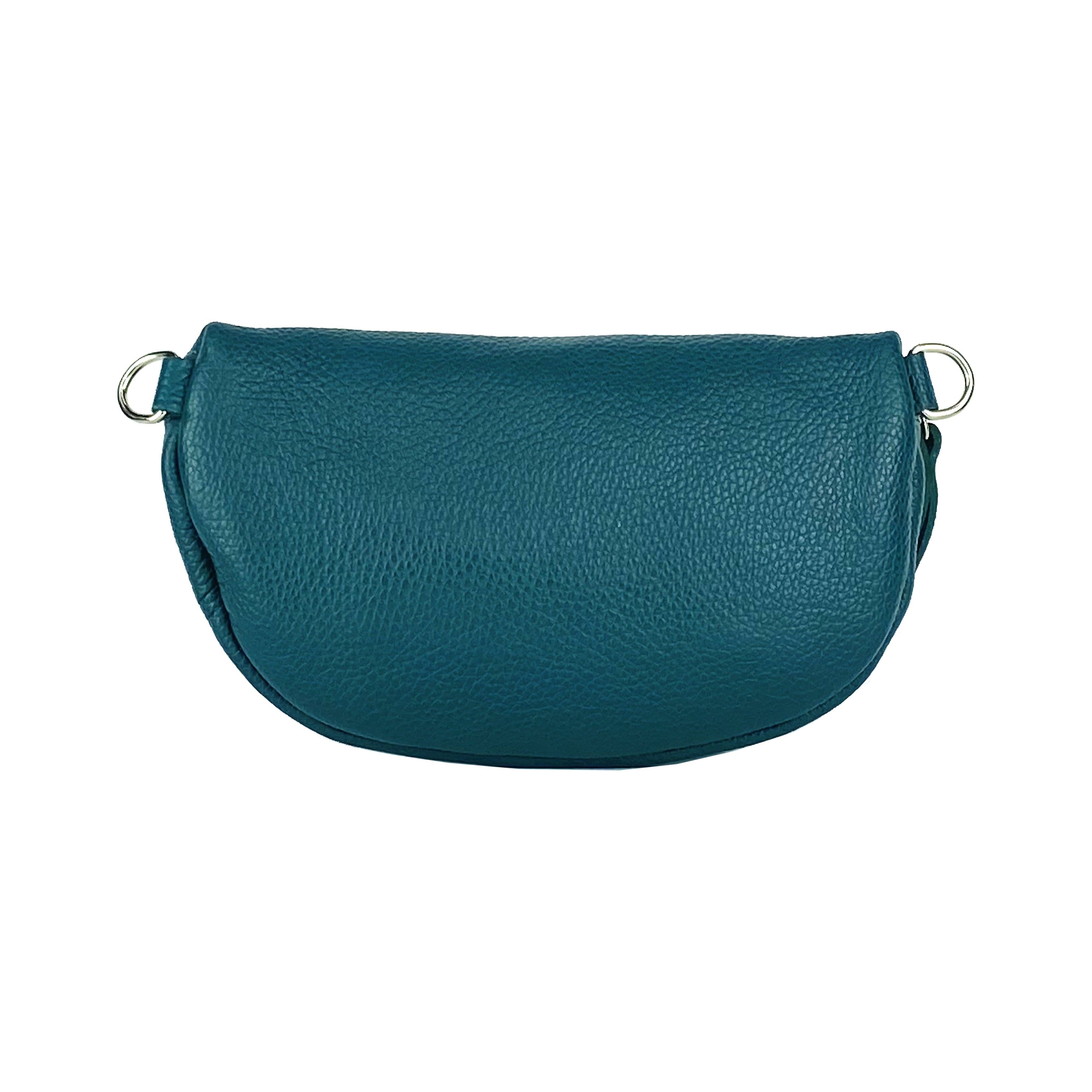 image-RB1015BZ | Waist bag with removable shoulder strap in Genuine Leather Made in Italy. Attachments with shiny nickel metal snap hooks - Teal color - Dimensions: 24 x 14 x 7