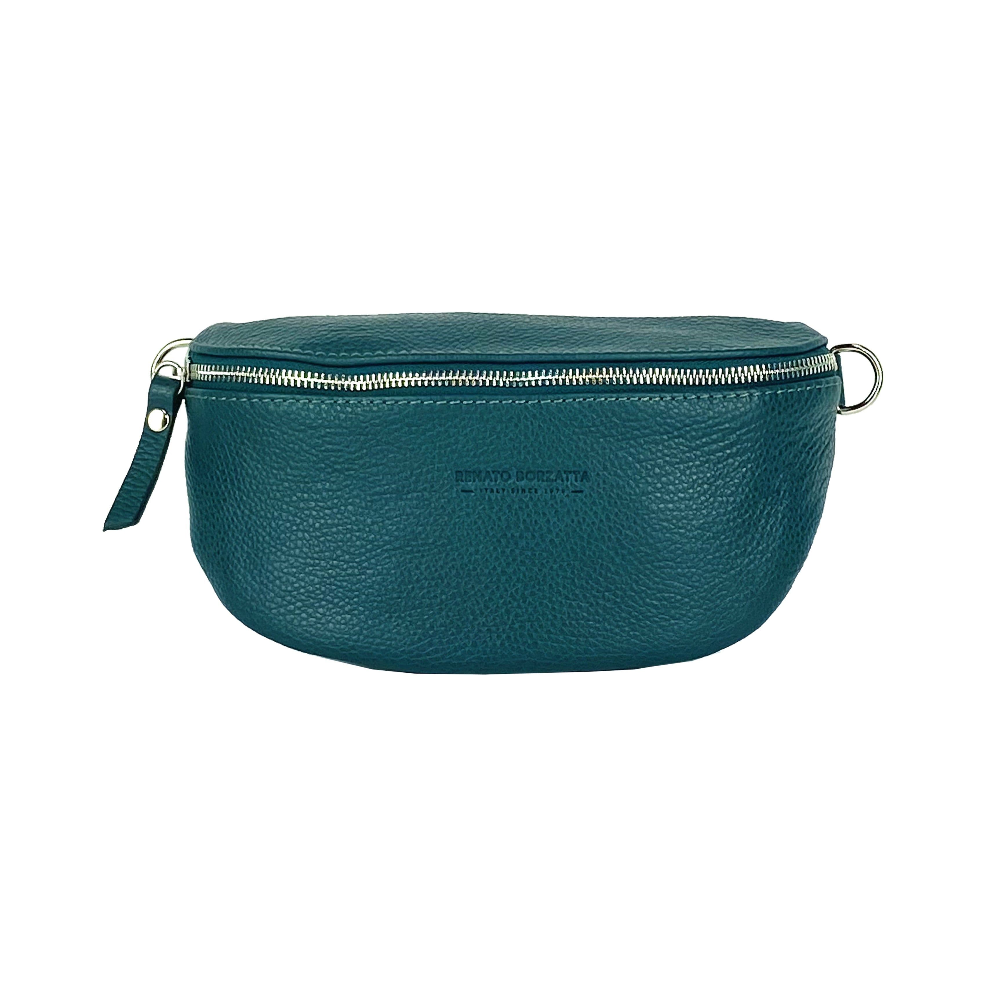 image-RB1015BZ | Marsupio con tracolla removibile in Vera Pelle Made in Italy. Attacchi con moschettoni in metallo Nickel Lucido - Colore Ottanio - Dimensioni: 24 x 14 x 7