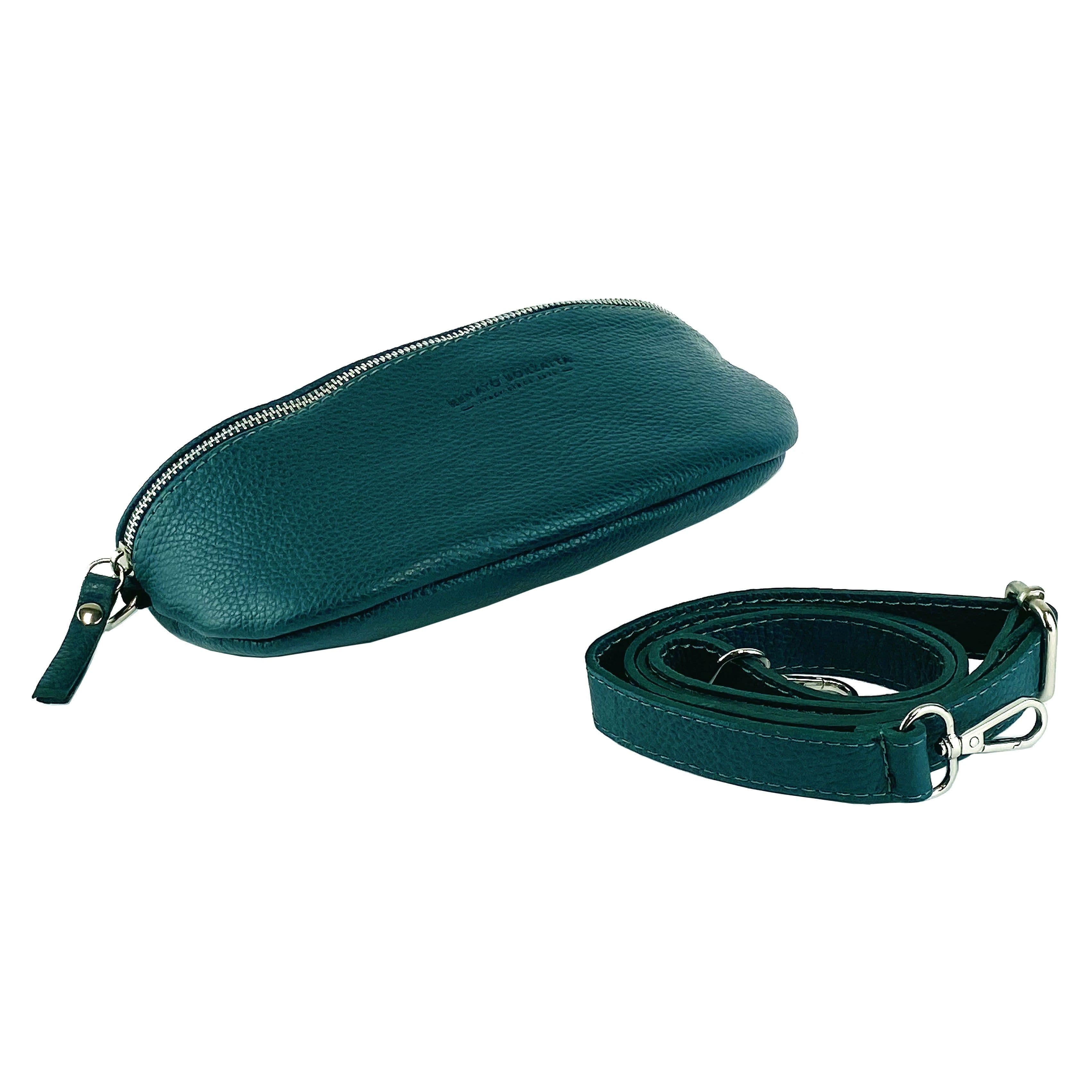 image-RB1015BZ | Marsupio con tracolla removibile in Vera Pelle Made in Italy. Attacchi con moschettoni in metallo Nickel Lucido - Colore Ottanio - Dimensioni: 24 x 14 x 7