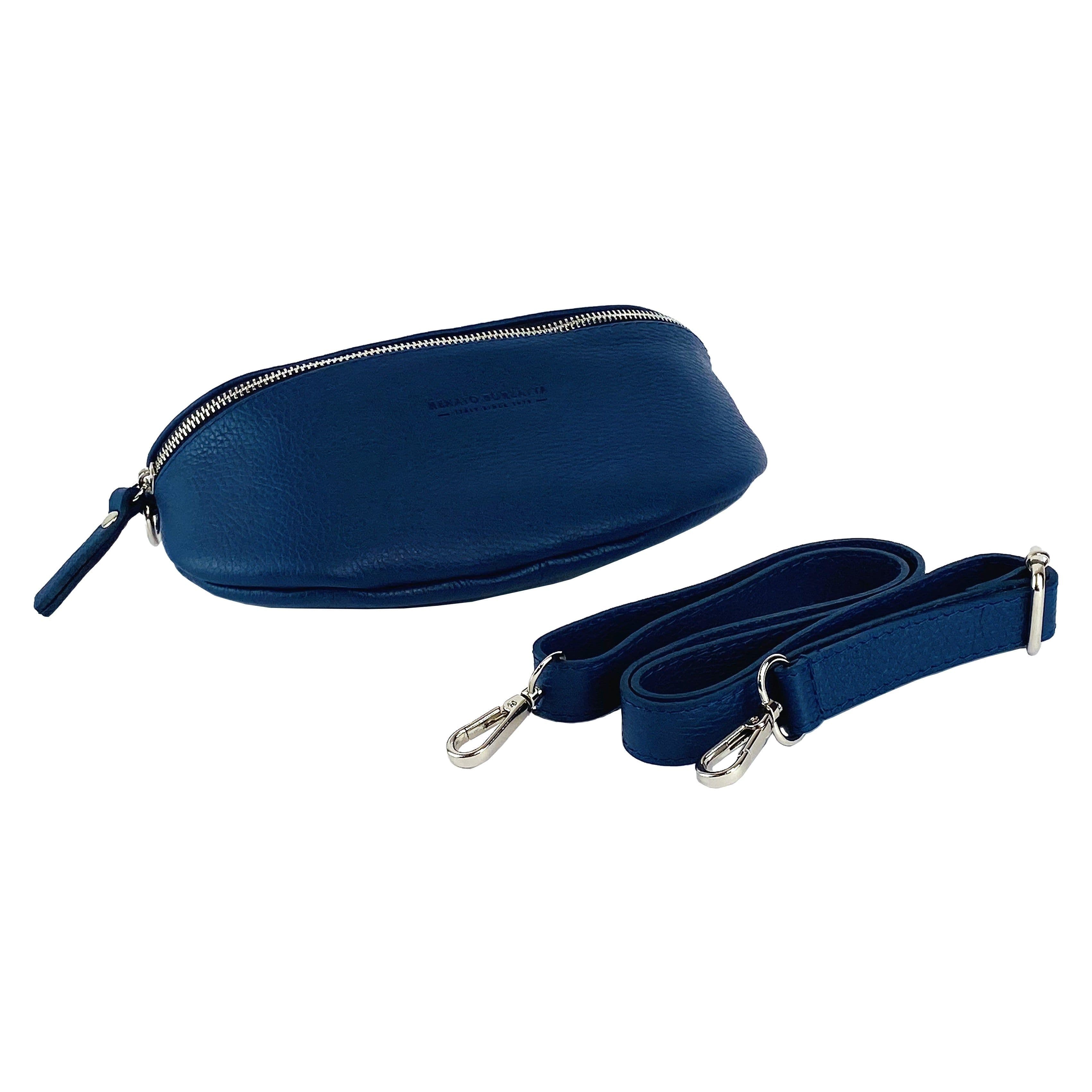 image-RB1015D | Waist bag with removable shoulder strap in Genuine Leather Made in Italy. Attachments with shiny nickel metal snap hooks - Blue color - Dimensions: 24 x 14 x 7