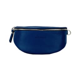 image-RB1015D | Waist bag with removable shoulder strap in Genuine Leather Made in Italy. Attachments with shiny nickel metal snap hooks - Blue color - Dimensions: 24 x 14 x 7