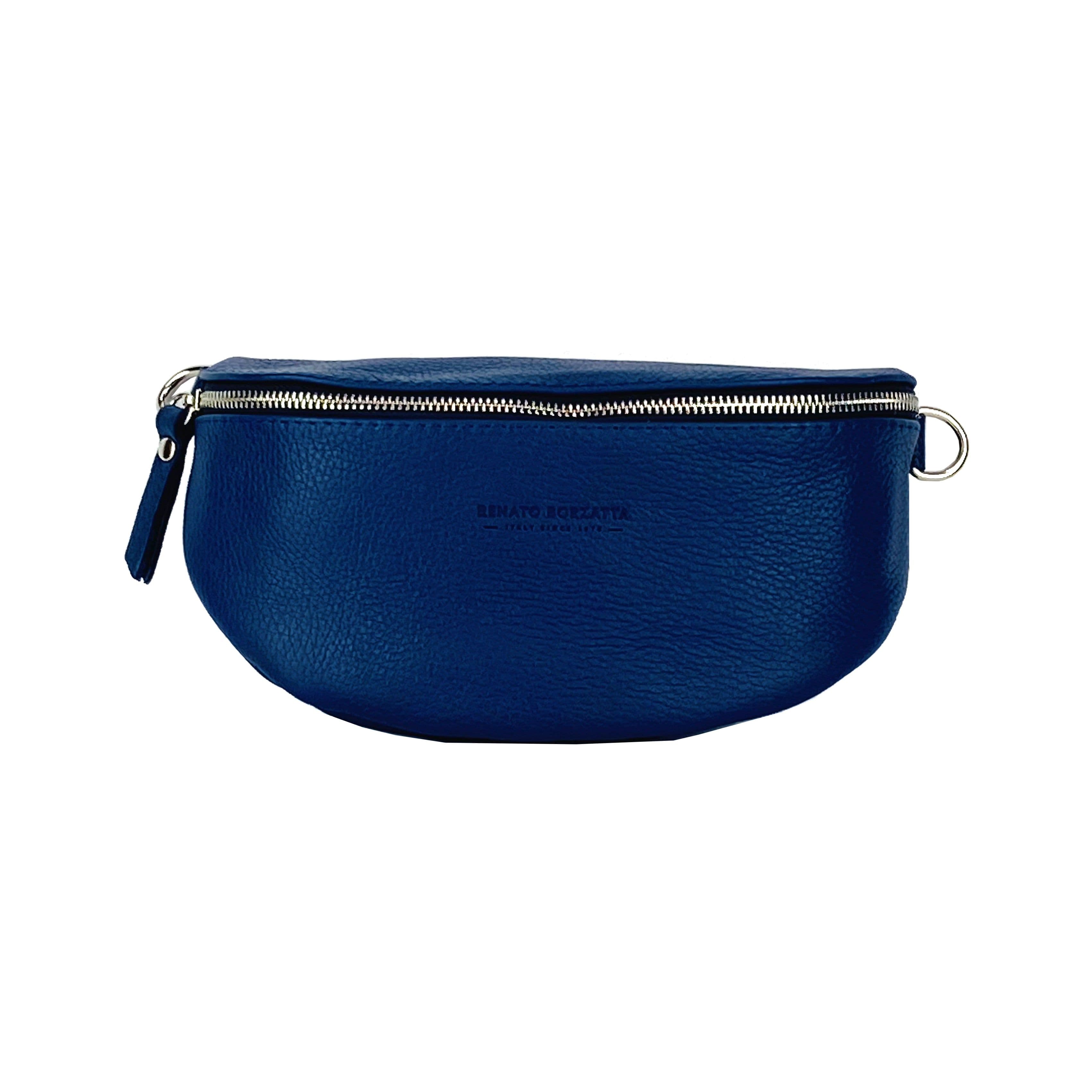 image-RB1015D | Waist bag with removable shoulder strap in Genuine Leather Made in Italy. Attachments with shiny nickel metal snap hooks - Blue color - Dimensions: 24 x 14 x 7