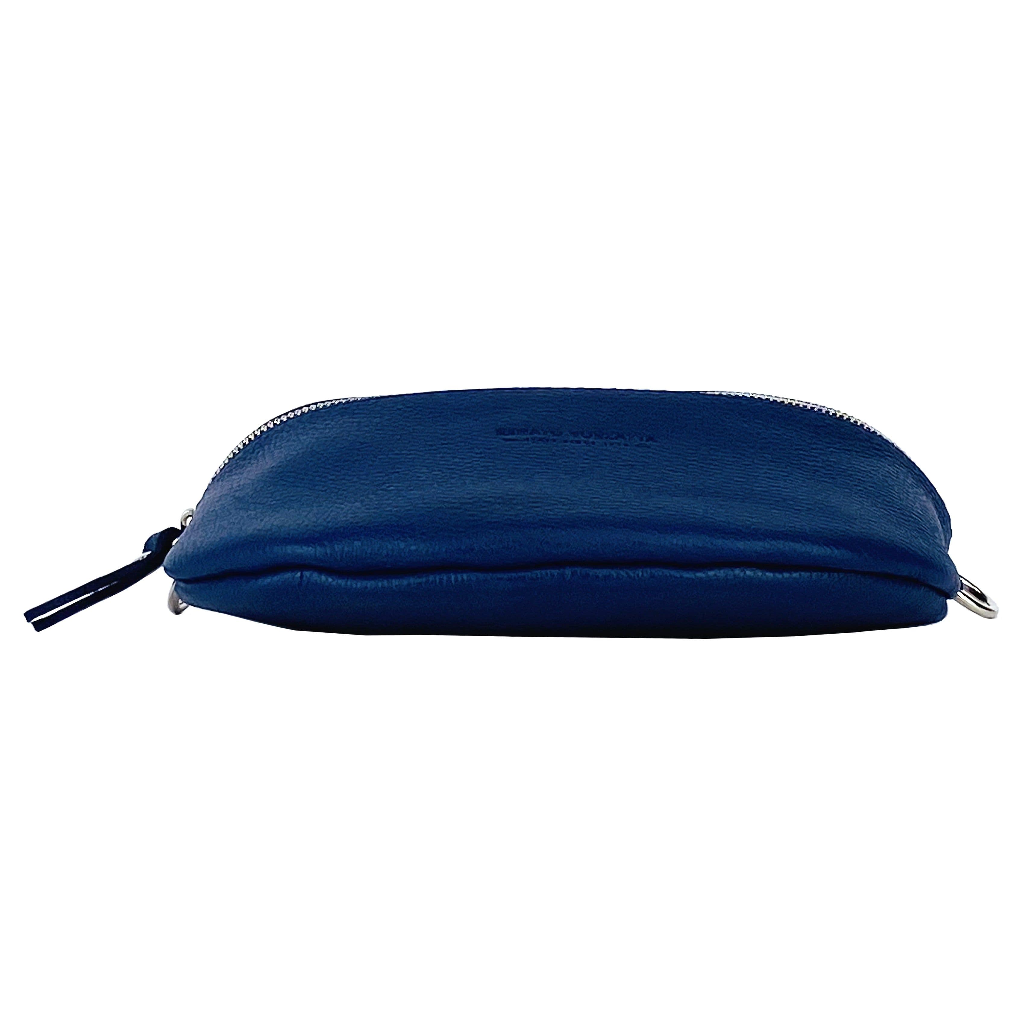 image-RB1015D | Waist bag with removable shoulder strap in Genuine Leather Made in Italy. Attachments with shiny nickel metal snap hooks - Blue color - Dimensions: 24 x 14 x 7