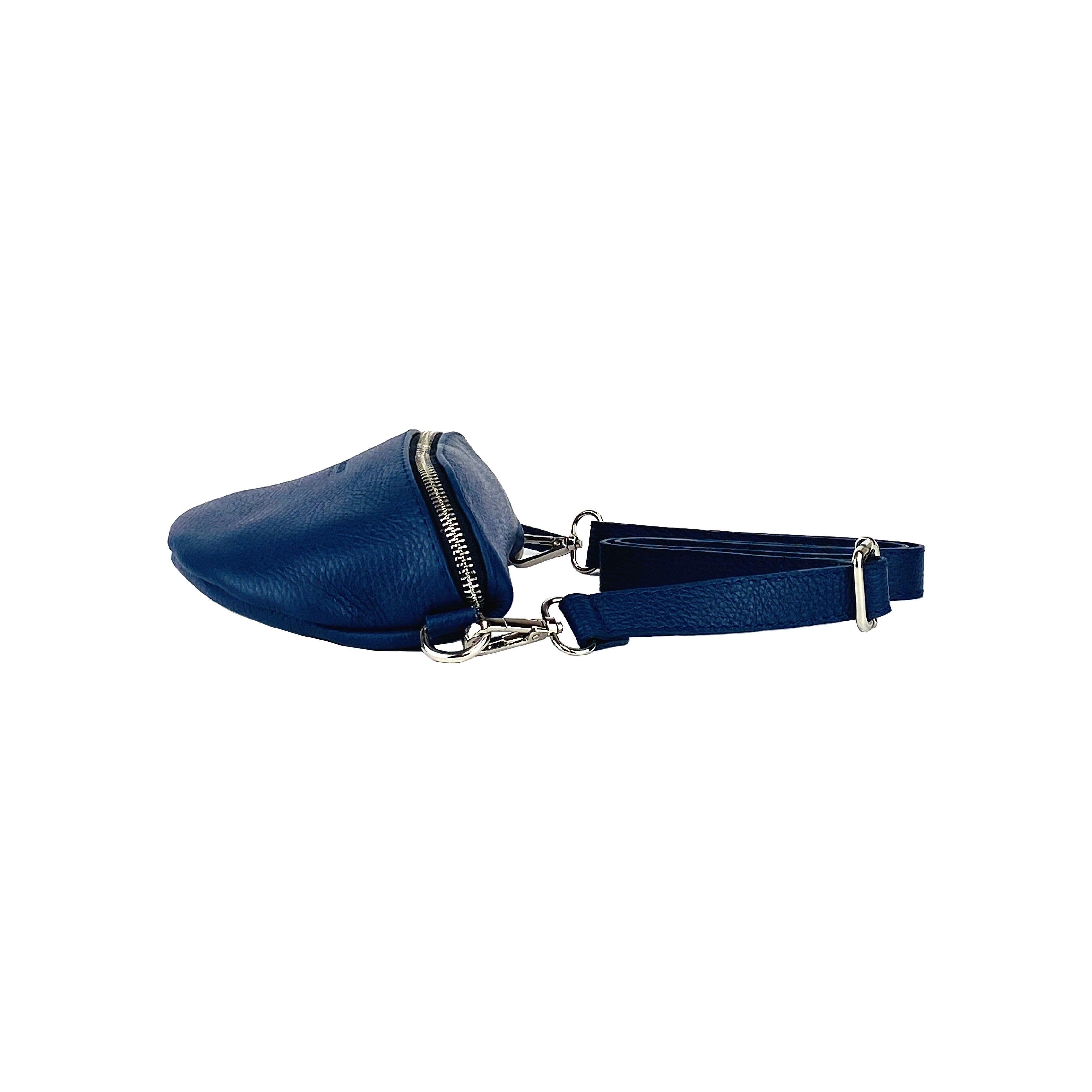 image-RB1015D | Waist bag with removable shoulder strap in Genuine Leather Made in Italy. Attachments with shiny nickel metal snap hooks - Blue color - Dimensions: 24 x 14 x 7