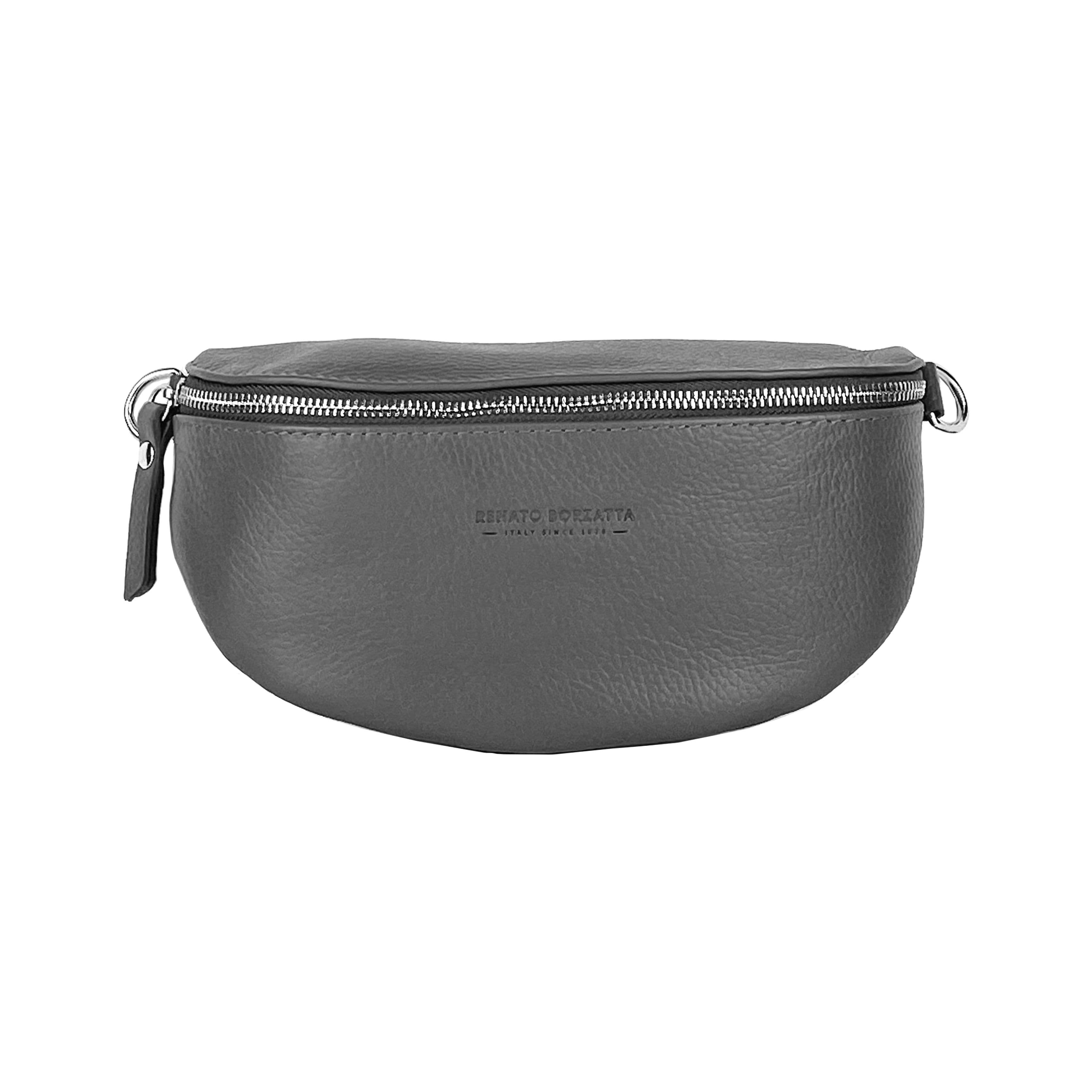 image-RB1015F | Marsupio con tracolla removibile in Vera Pelle Made in Italy. Attacchi con moschettoni in metallo Nickel Lucido - Colore Grigio - Dimensioni: 24 x 14 x 7
