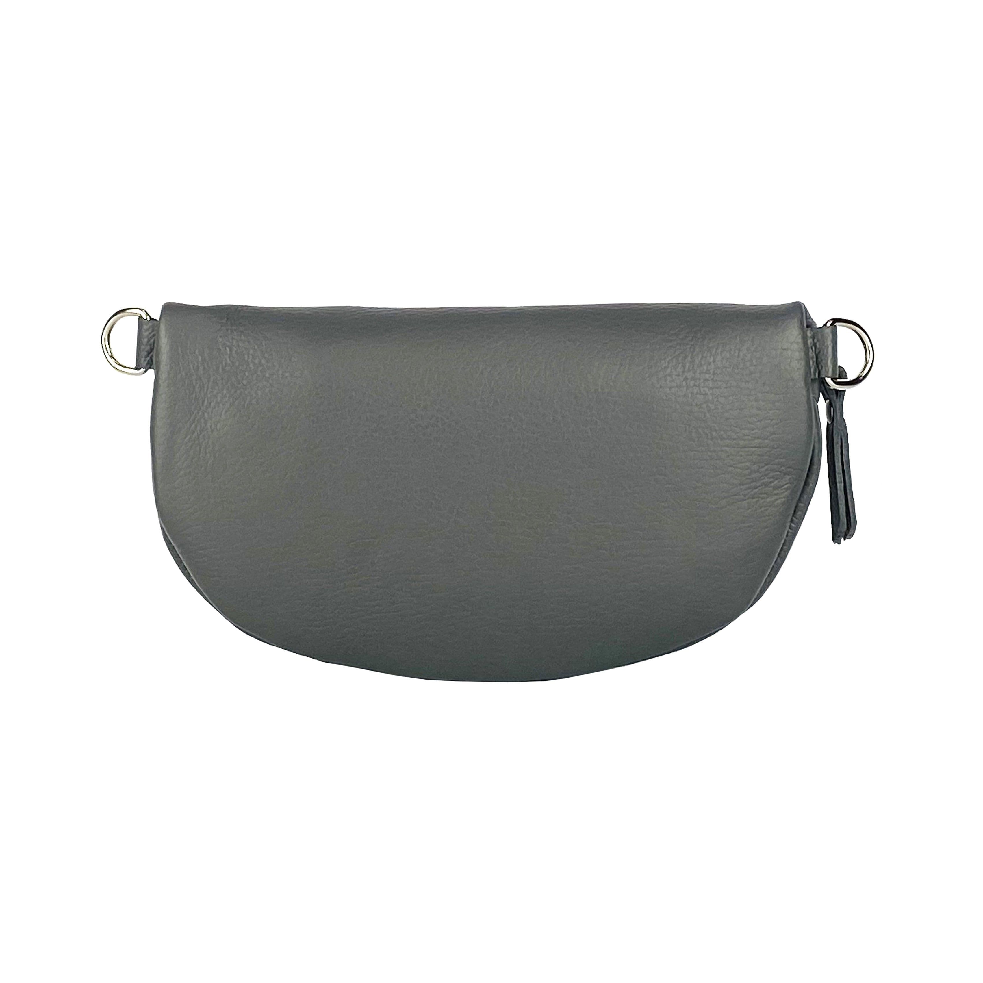 image-RB1015F | Marsupio con tracolla removibile in Vera Pelle Made in Italy. Attacchi con moschettoni in metallo Nickel Lucido - Colore Grigio - Dimensioni: 24 x 14 x 7